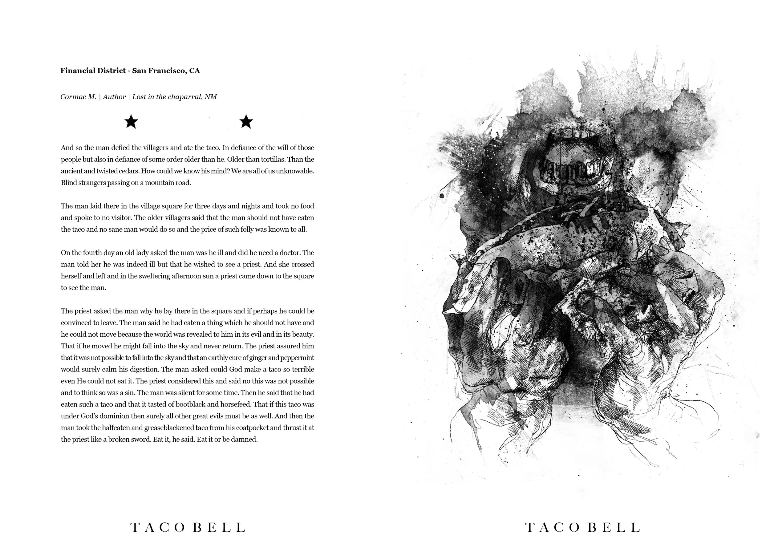 Alt Text: Ink and graphite, full page drawing of a close up view of a pair of spattered, dripping hands, bringing a taco up to the owner of the hands' open mouth. The visible teeth are dark and stained.