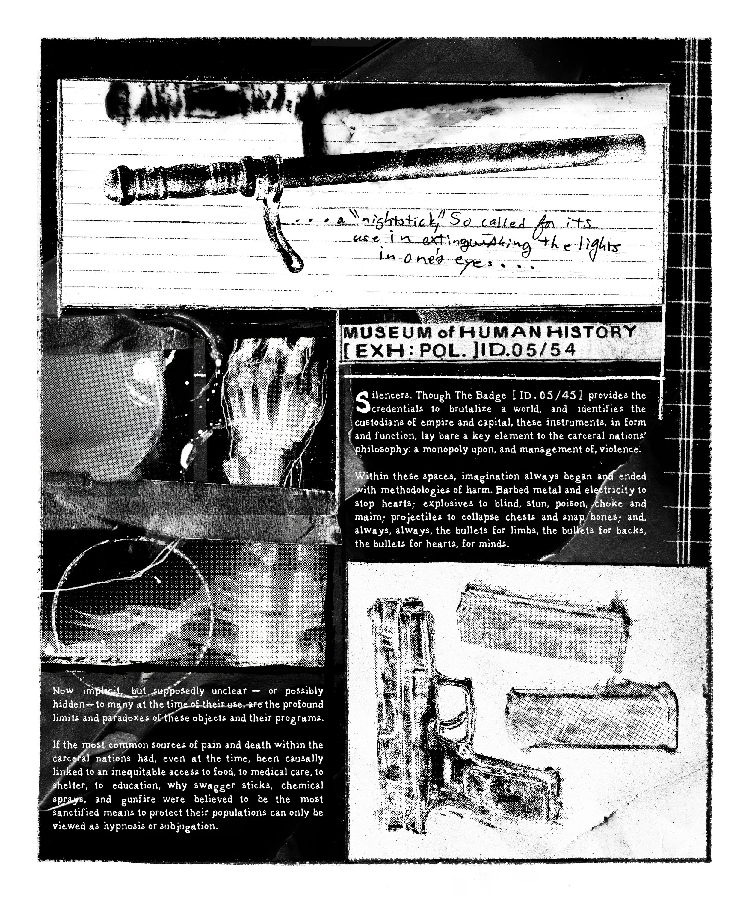 Alt Text: Image divided roughly into thirds. Upper third, on white, lined paper with handwritten note, is black rendition of batons from cover. Middle third: on right, label reads "[EXH: POL.] ID. O5/54" above a block of text; to left are x-rays of a
