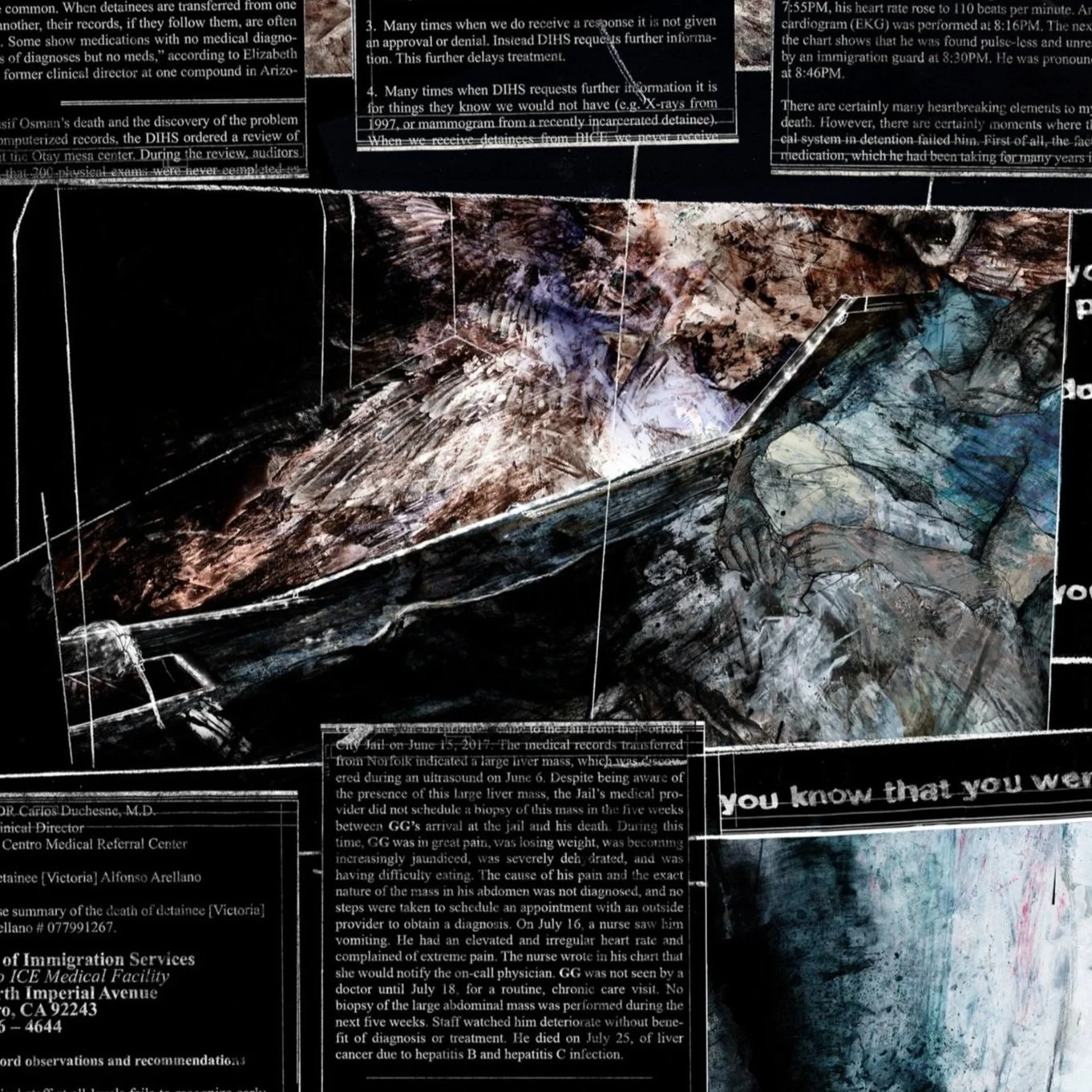 Alt Text: Detail of first illustrated panel in upper third of image. On panel's right side, stretching to bottom left, a figure in blue lies on a bed; skin an unhealthy green/grey, face turned away, eyes obscured. One leg is visible, cuffed to the be