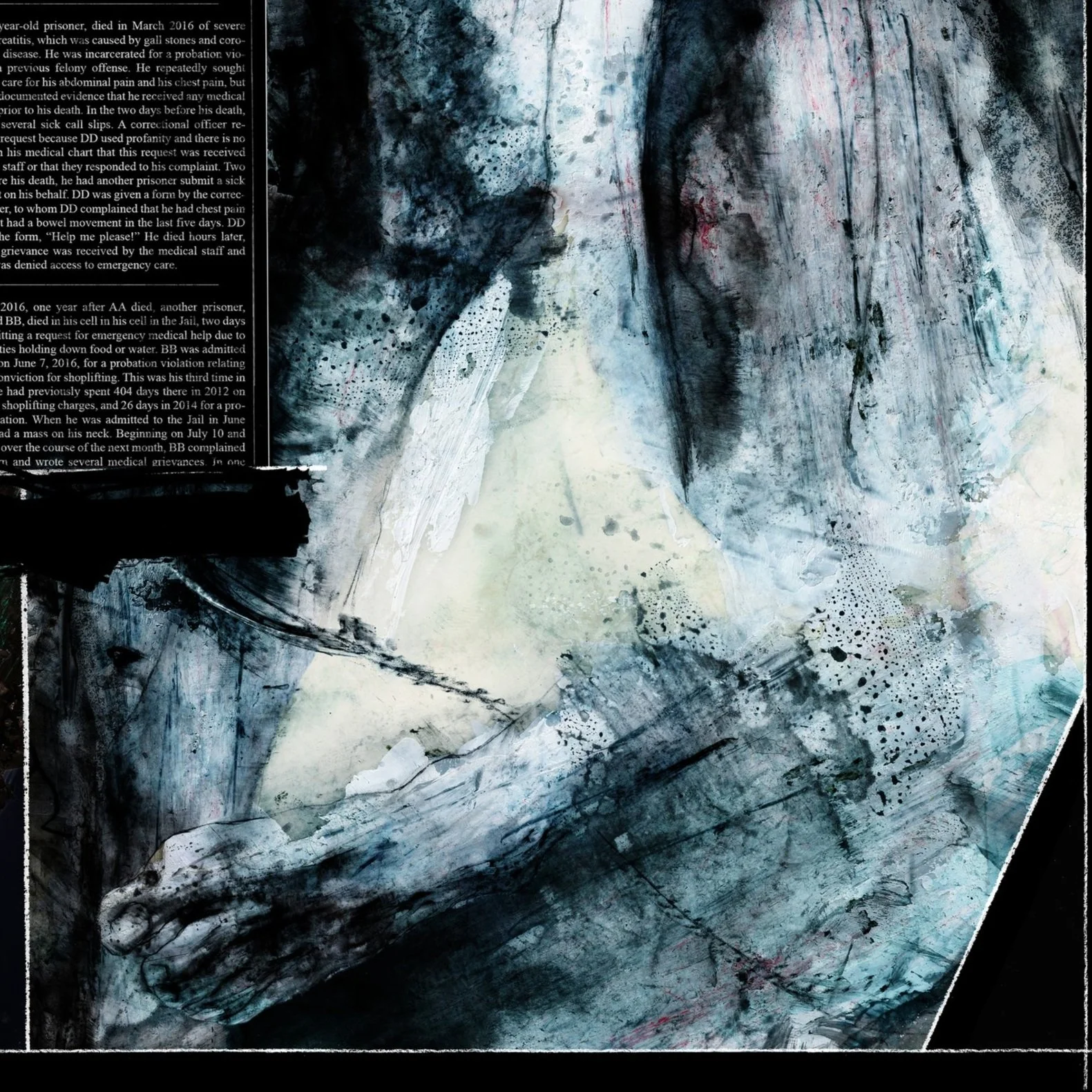 Alt Text: Detail of second illustrated panel in bottom right quarter of image. On filthy, sickly-yellow paper, thick white and blue paints with dark inks scratched on top depicts the bottom halves of two bare, human legs; the feet cuffed together. On