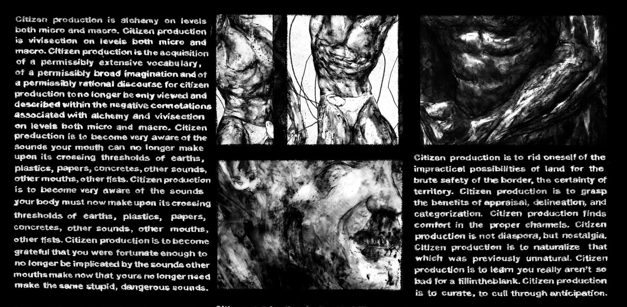 Alt Text: Upper third of image. In addition to handwritten text, three drawn scenes are visible. One, an extreme closeup of a flexing forearm, fist, and stomach in near darkness, one showing partial views of speedo-clad bodybuilders surrounded by loo
