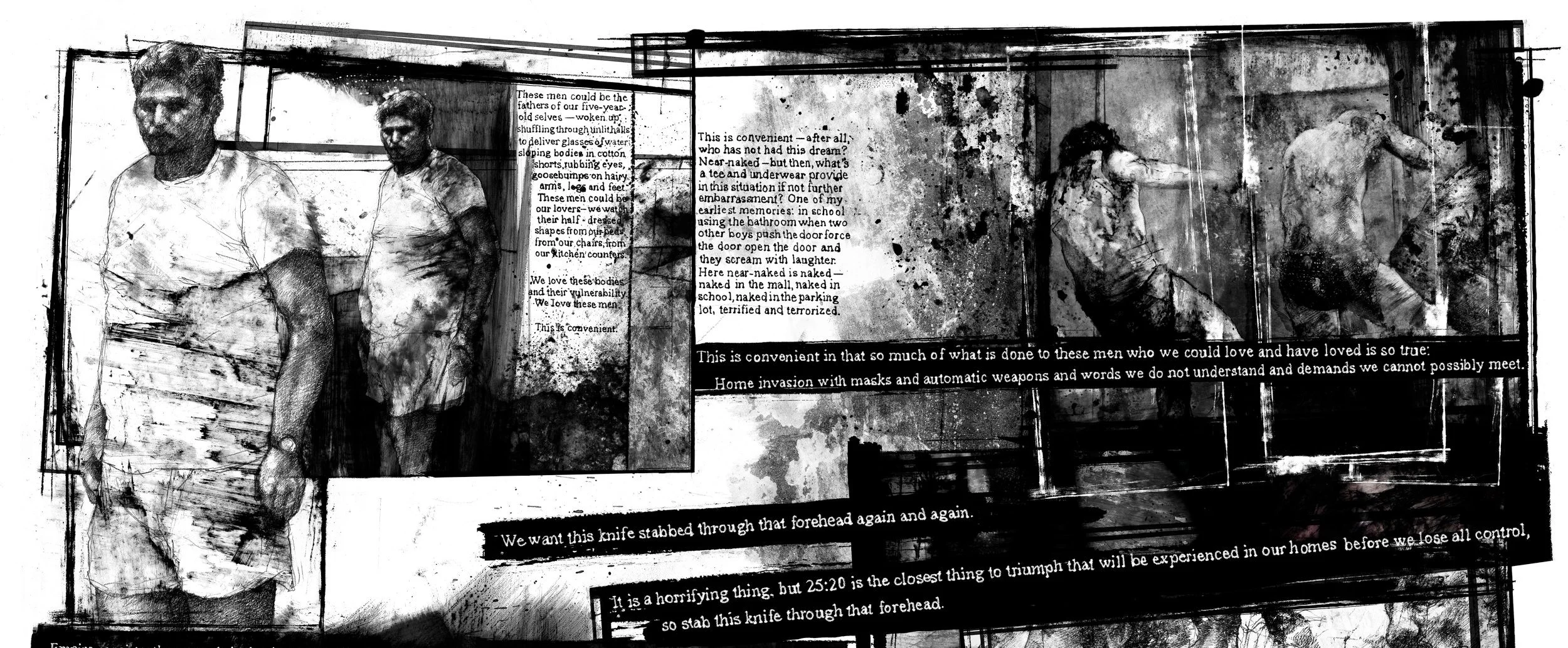 Alt Text: Upper third of image. On left, two variations of ink and graphite drawings of a man in a tee shirt and boxers standing in a doorway, looking off to some unseen source of noise. On right, the backs of two fleeing, hunched figures frozen in m