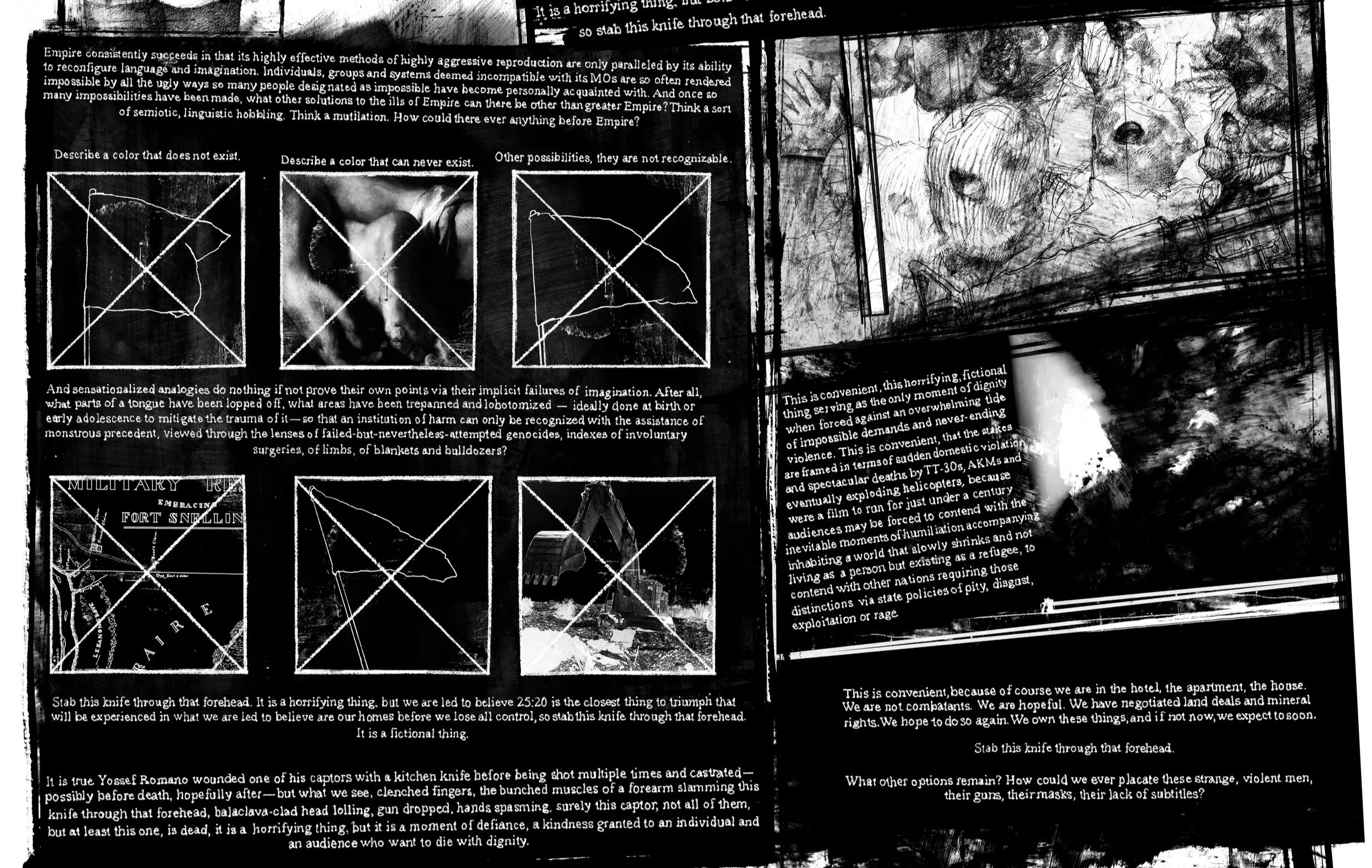 Alt Text: Middle third of image. On left is a grid of six frames. Three depict drawings of flags. The others, a map of Ft. Snelling, a Gericault study of amputated limbs, and a photo of a bulldozer. Each frame has an "X" drawn through it. On right, a
