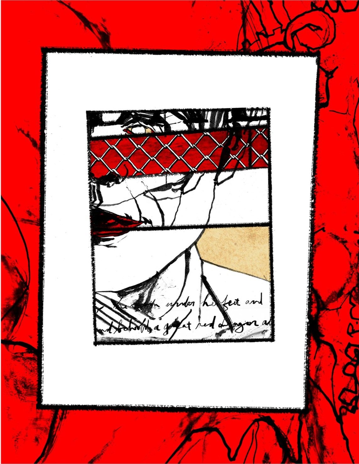 Alt Text: Back cover. Layout identical to front cover, with smaller interior image a subtly different version of the line drawing of the previous face, again obscured by chain links and cursive type. Again, one eye and a subtly smiling mouth visible;