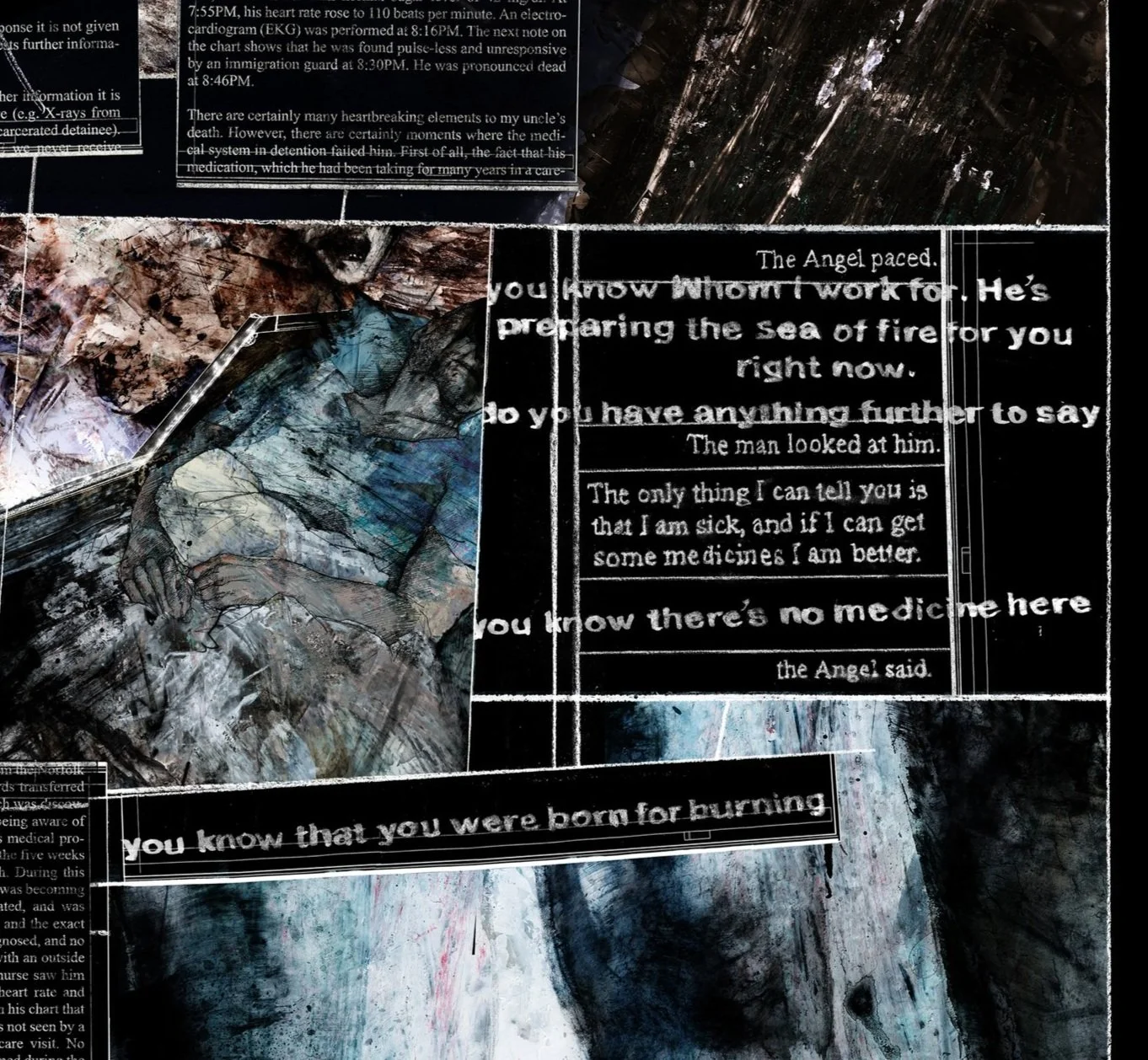 Alt Text: Continued detail of first illustrated panel in upper third of image. To right of panel is collection of handwritten type, ending in the line "'You know there's no medicine here,' the Angel said. 'You know that you were born for burning.'"