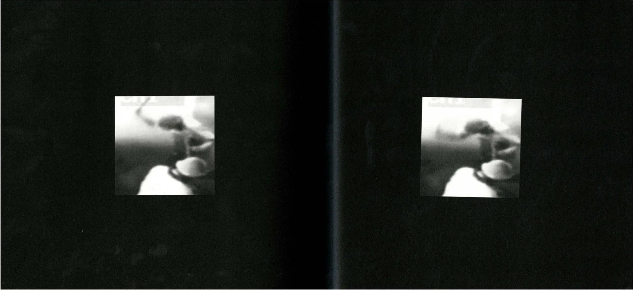 Alt Text: Interior spread view, both pages completely black. In the center of each page is a grainy image of what may be a frame from a CCT feed. The left image shows two figures in hardhats and aprons, one turned away in the foreground, the other, a