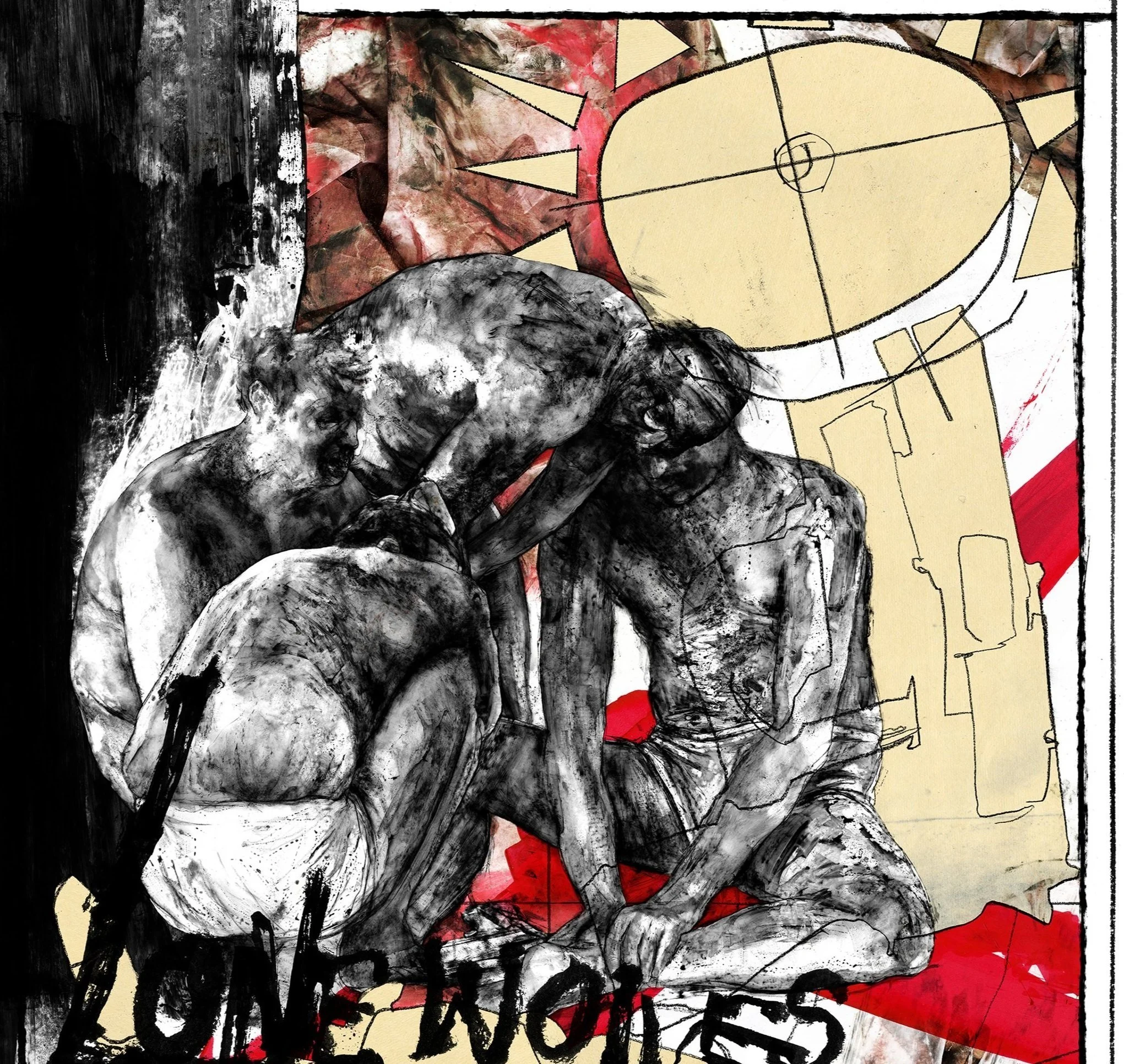 Alt Text: Upper two thirds of image. Background is collection of heavy strokes of black and red paint on crumpled paper. Dominating composition are four filthy figures, presumably adult men, in underwear squatting and huddled around one another; thei