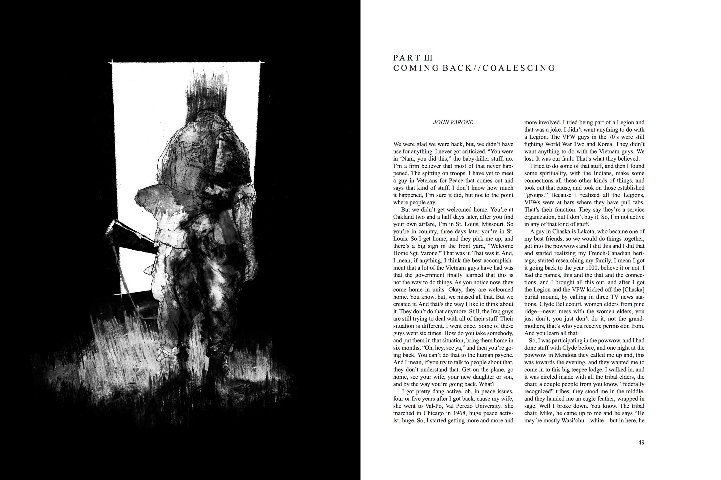 Alt Text: Left page; interrupting a black background, a white doorway is visible in center of page. Illuminated by the doorway, back to the viewer, standing in a patch of grass, a soldier in combat fatigues, loosely holding a rifle, stands looking in
