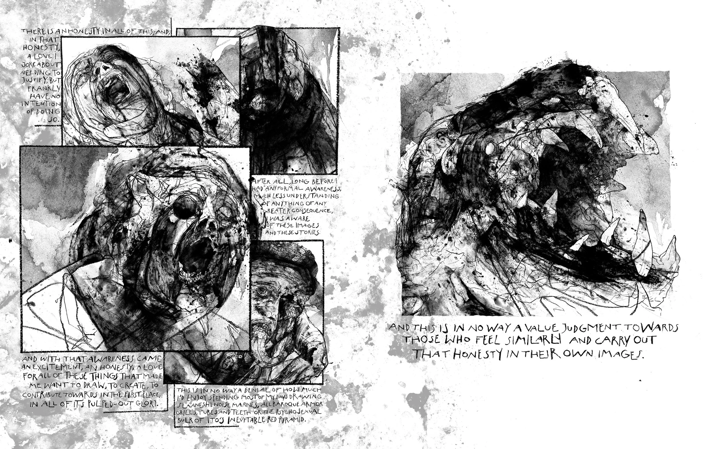 Alt Text. Left page, four frames: a hunched form coated in black liquid; a man crying out in pain, holding onto the stump of where a hand once was; a bellowing, bloated face, eyes and mouth distending; a man with tentacles emerging from his mouth. Ri