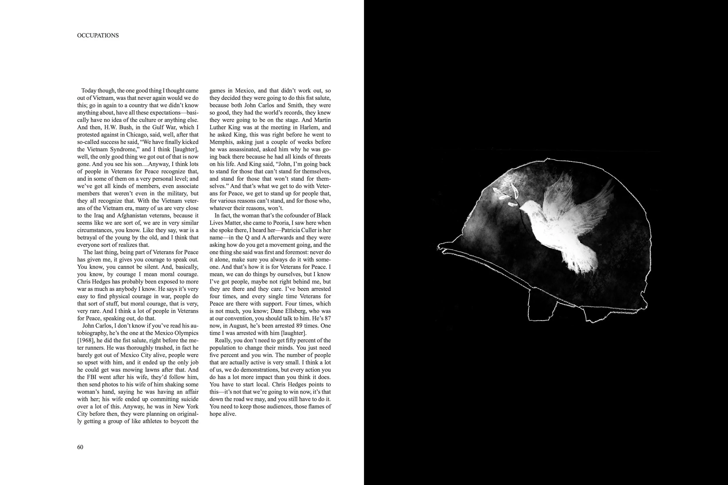 Alt Text: Left page, no images. Right page, full page image repeating cover image of side view of black military helmet drawn in white line on black background, with icon of white dove in flight painted on helmet.