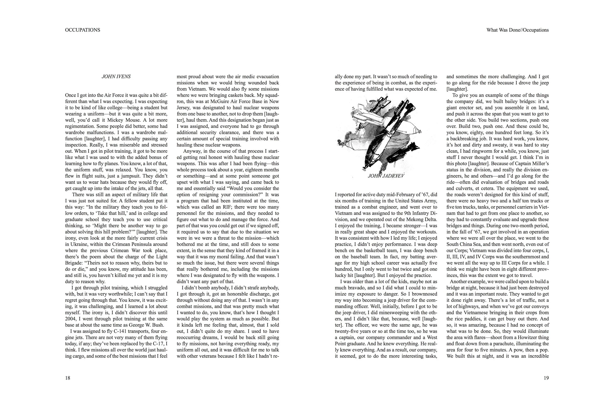 Alt Text: Left page, all text, no images. Right page, small, black ink drawing embedded in text. Image is three loose, drawings of bombs over a splatter of loose ink.