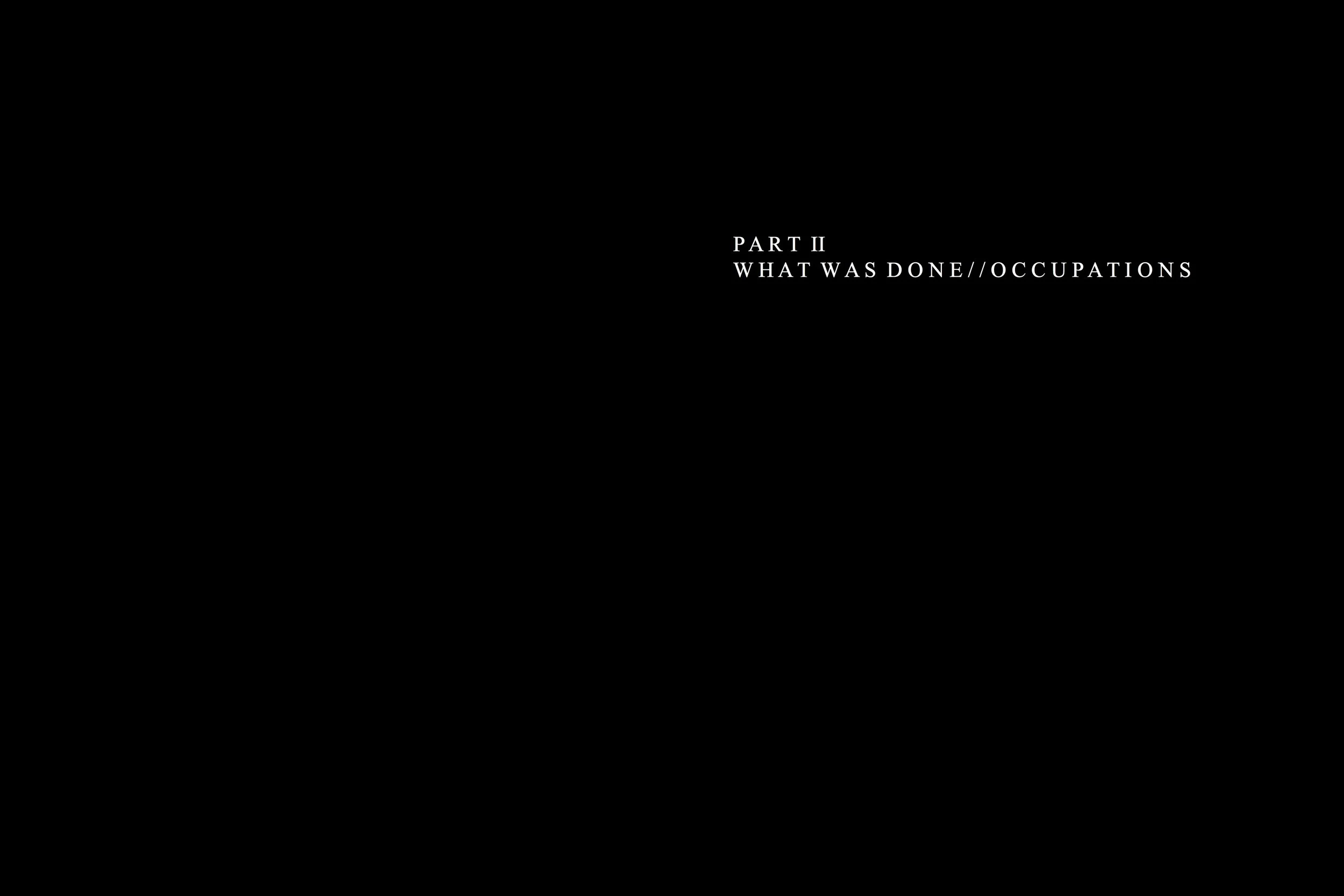 Alt Text: Chapter spread. Black pages with no imagery. On right page, in white type in upper third of page reads "Part II: What Was Done//Occupations."