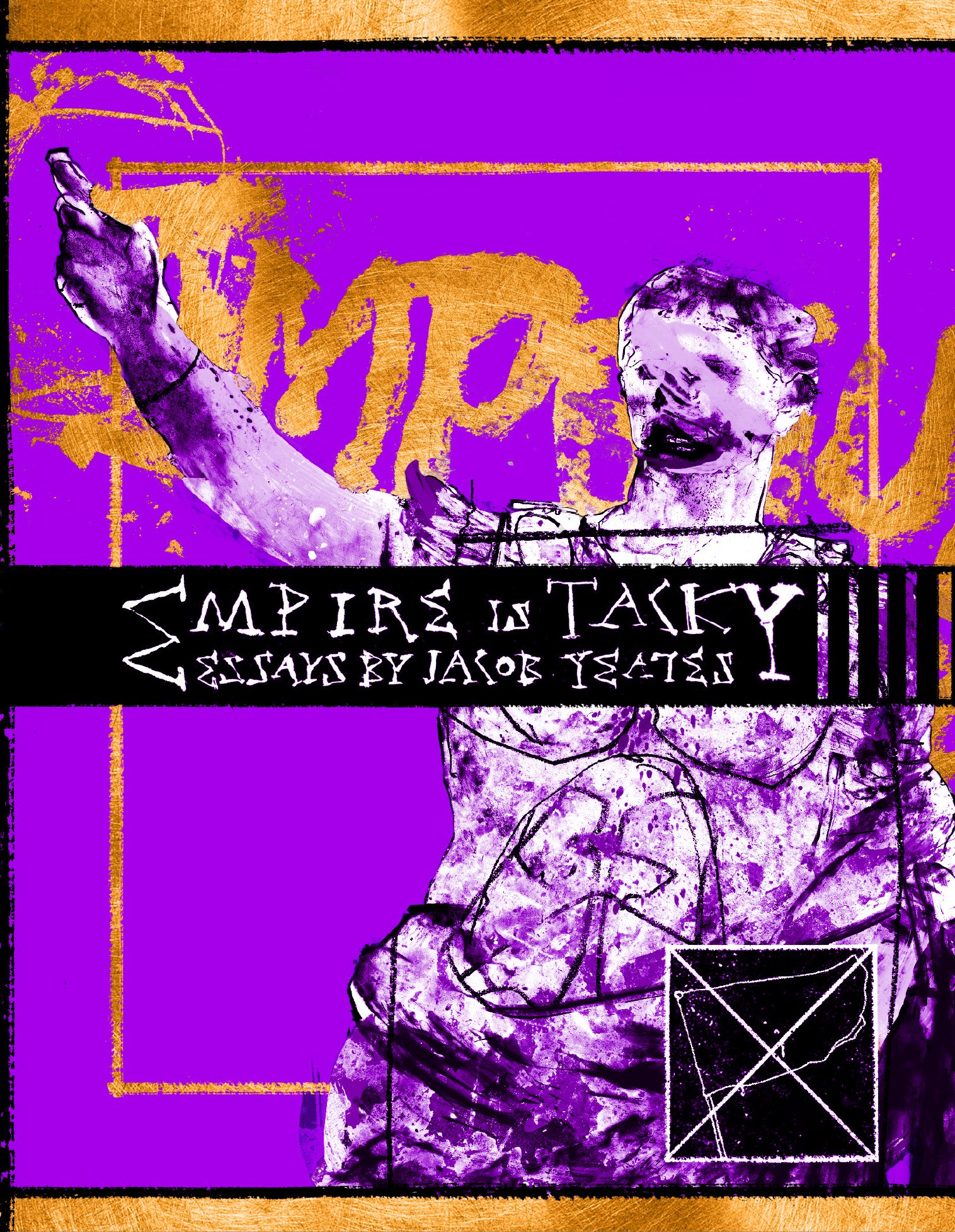 Alt Text: Cover. Ragged, spattered ink and graphite drawing of the upper torso of the Augustus of Prima Porta, eyes obscured by ink, teeth and lips coated in makeup, in front of bright purple backdrop. A thin, golden frame is drawn around the area of