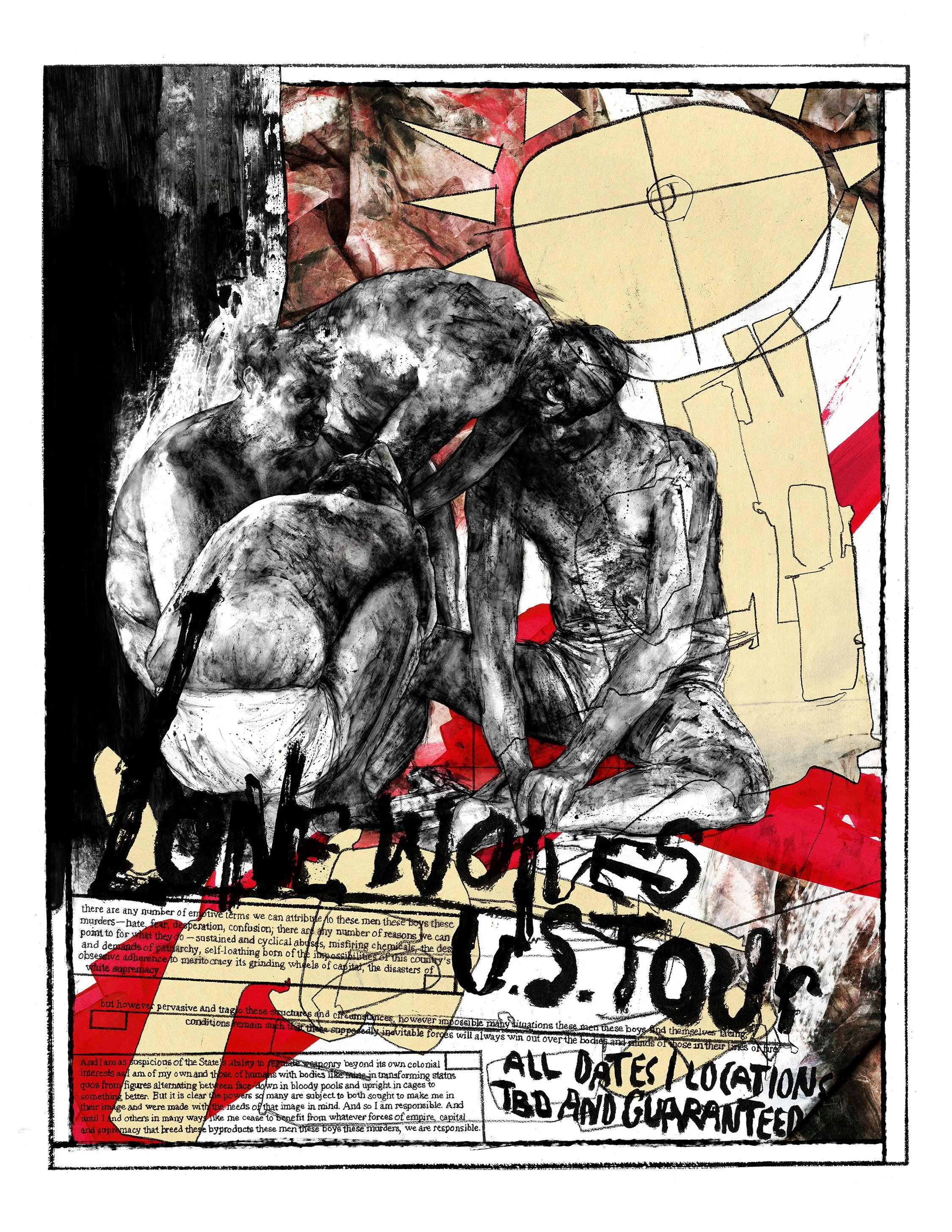 Alt Text: Overall composition described here; details described in following slides. Background is collection of heavy strokes of black and red paint on white paper. Pieces of cream paper have been childishly collaged and drawn on in the shape of a c