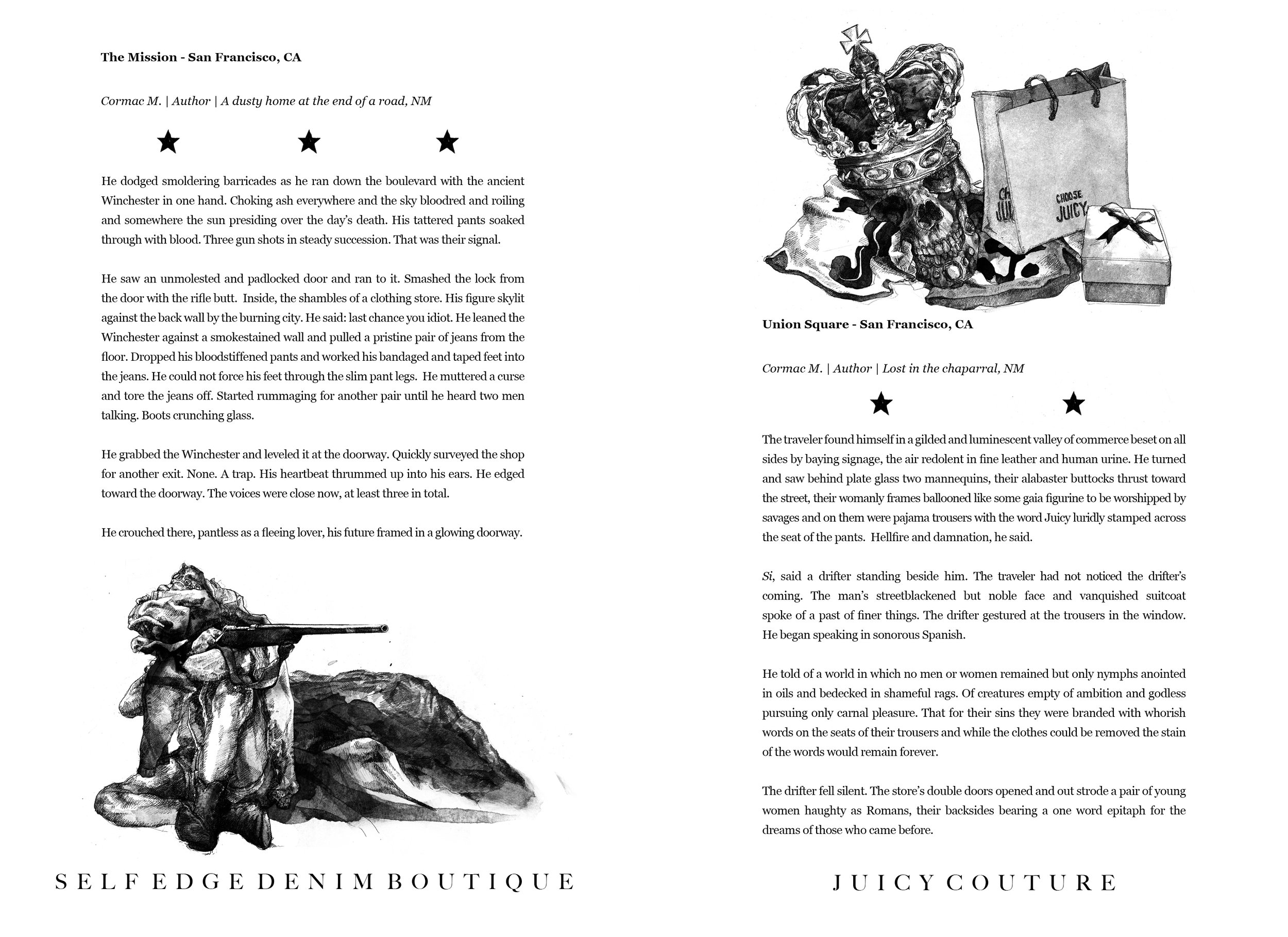 Alt Text: Two ink and graphite, half page drawings. Image on left shows seated figure, wearing cowboy boots but no pants, camouflaged in pile of jeans, aiming rifle. Image on right shows skull wearing a jewel-encrusted crown, lying atop Juicy Couture