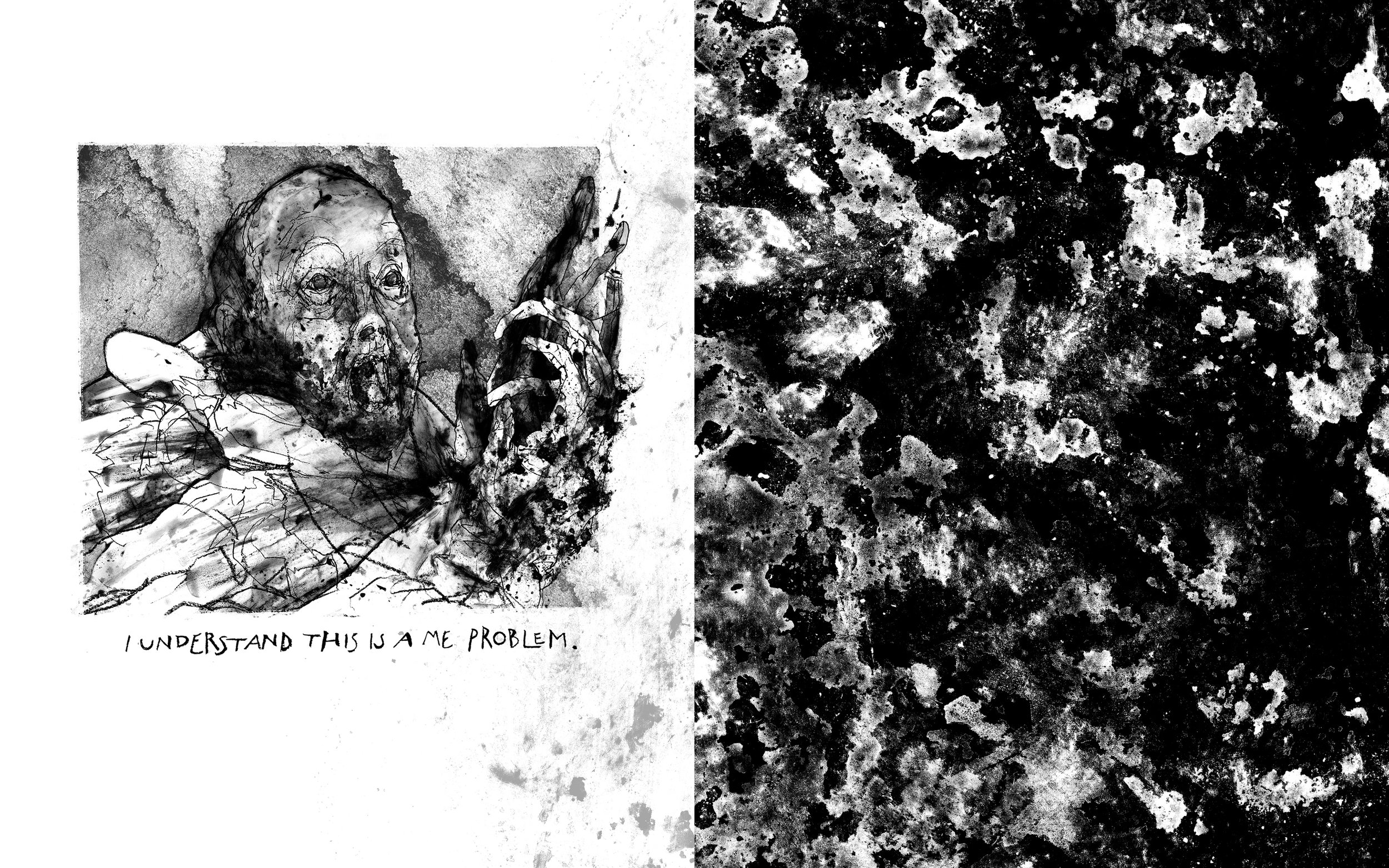 Alt Text: Left page, single image frame, containing drawing of screaming man with distorted hands as described on cover. Right page, the same white ink on black paper, fleshy pattern described in second Alt Text description page.