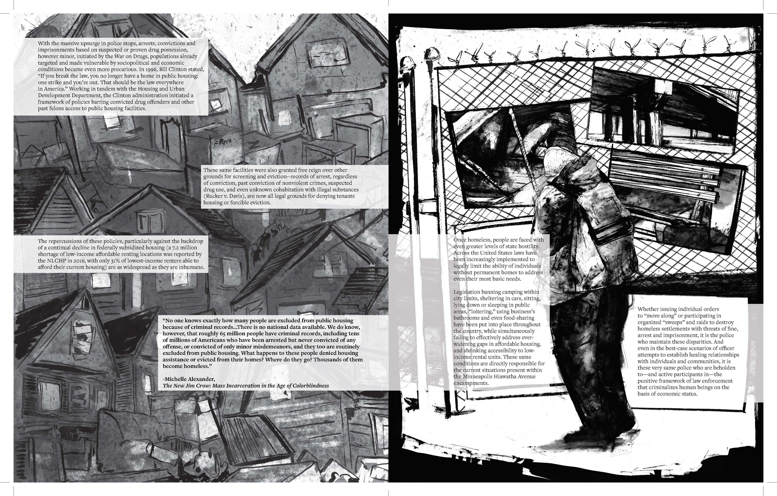 Alt Text: Left page, cramped, uneasily stacked views of dilapidated houses, windows boarded up, and piles of belongings and boxes outside of them. Right page, a single figure with a backpack and winter clothing stands with their back to the viewer, l