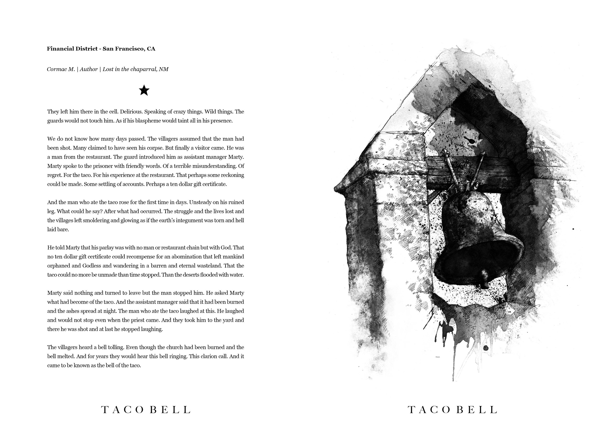 Alt Text: Ink and graphite, full page drawing of the view of an old, decaying mission church bell tower in mid-ring.