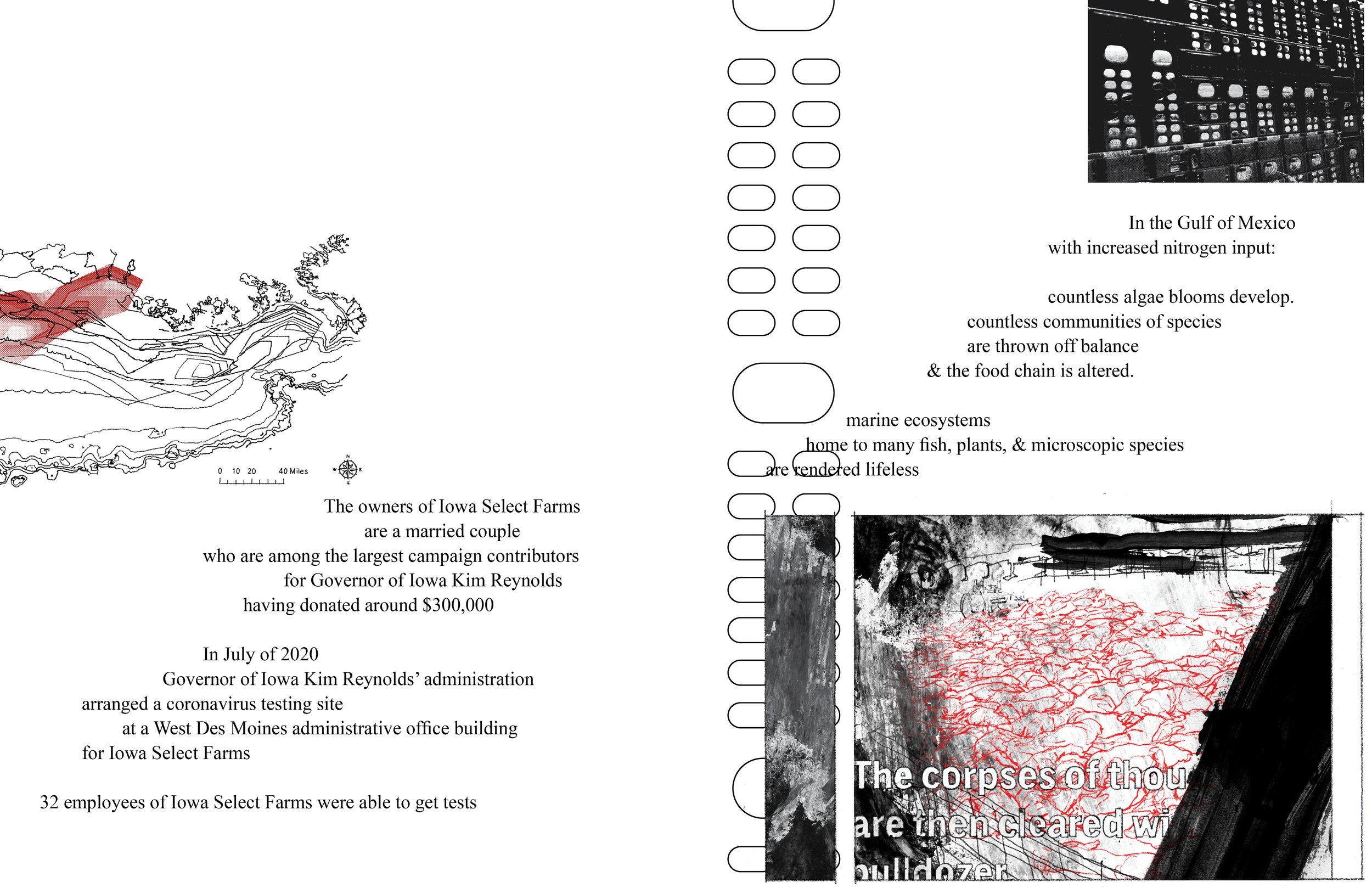 Alt Text: Left page, remainder of water oxygen graph continues into view from left border. Right page, in lower half is drawing of room with piles of carcasses, workers no longer visible. Partial subtitles read "The corpses of thou - are then cleared