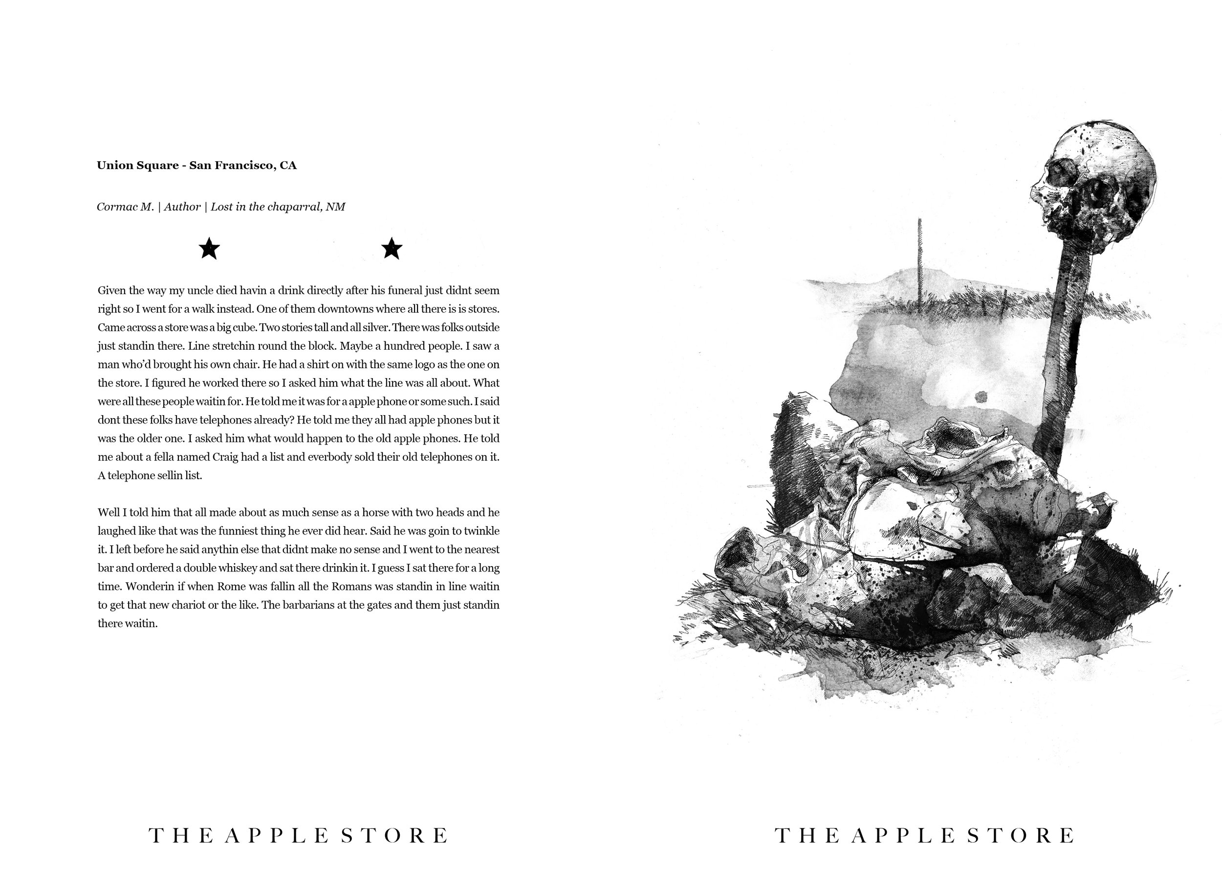 Alt Text: Ink and graphite, full page drawing of a rumpled, stained tee shirt lying amongst a makeshift cairn, the cairn marked by a skull atop an upright stake. Barely visible on the shirt is the Macintosh Apple logo.