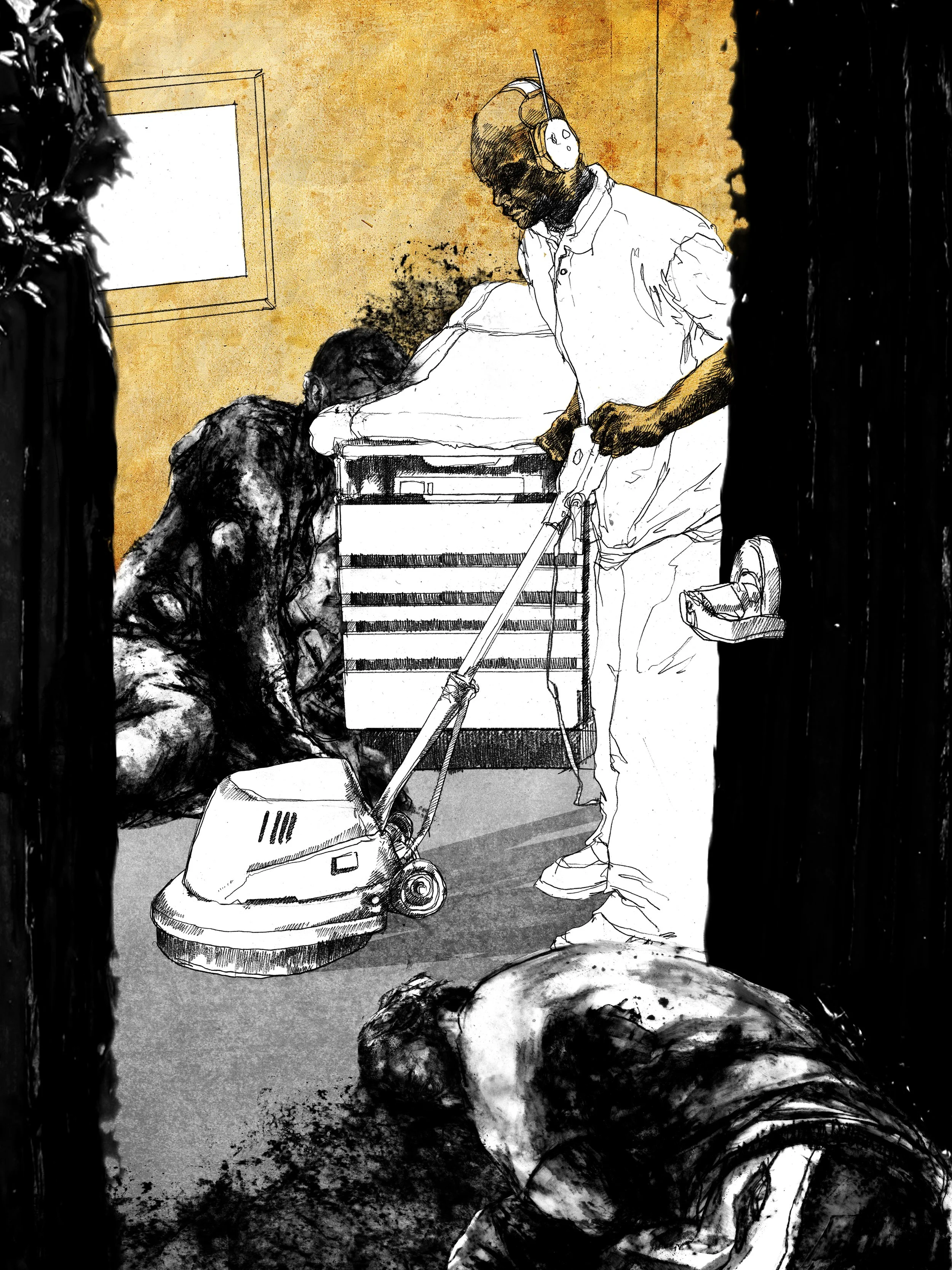 Alt Text: Graphite and ink drawing. Seen through a doorway, a figure wearing headphones buffs the floor of a doctor's examination room. Contrasted against the minimal, graphite line drawing of the custodian, two figures are sprawled nearby; the first