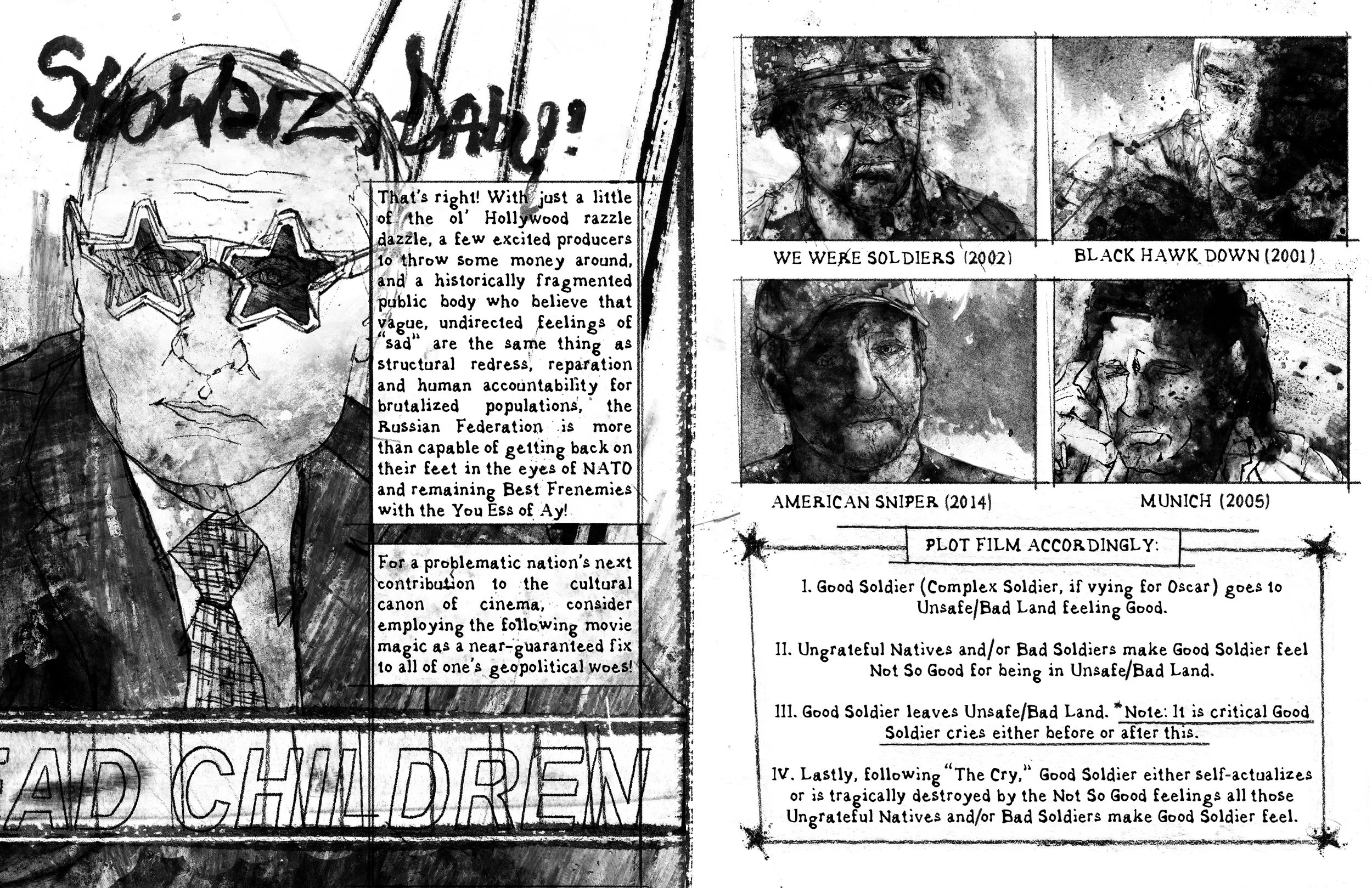 Alt Text: Left page, repeated drawing of Putin from prior page, now wearing sunglasses with star-shaped lenses. Two panels of text are parallel to Putin. Right page, roughly split horizontally. Upper half is grid of four ink drawings of crying soldie