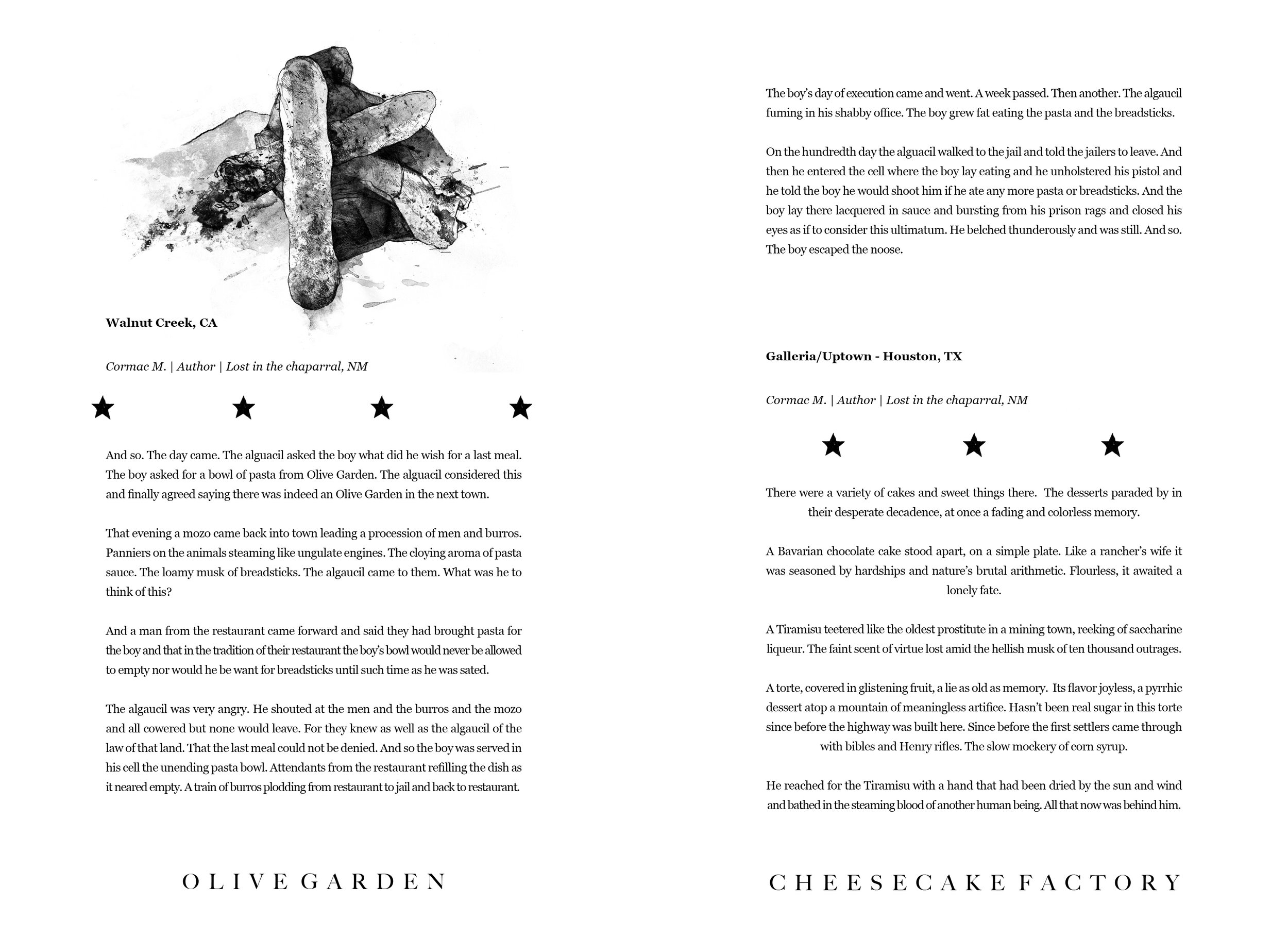 Alt Text: Ink and graphite, half page drawing of two stained, gnawed-on breadsticks, lying against one another in an arrangement reminiscent of a cross.