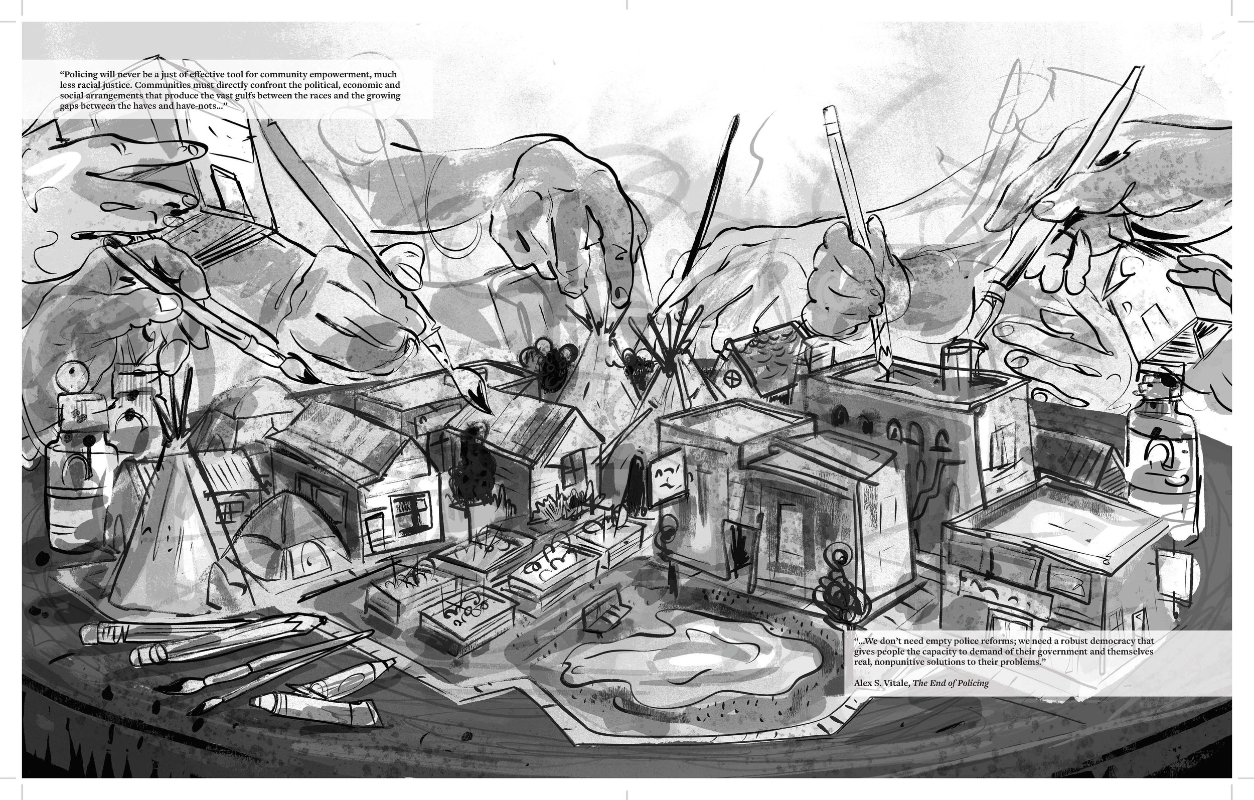 Alt Text: Full spread image shows view of a small cityscape on a table, made of numerous single homes, apartments, tents, and Indigenous tipis. Surrounding this cityscape are numerous hands with paintbrushes and pencils, in the process of painting an