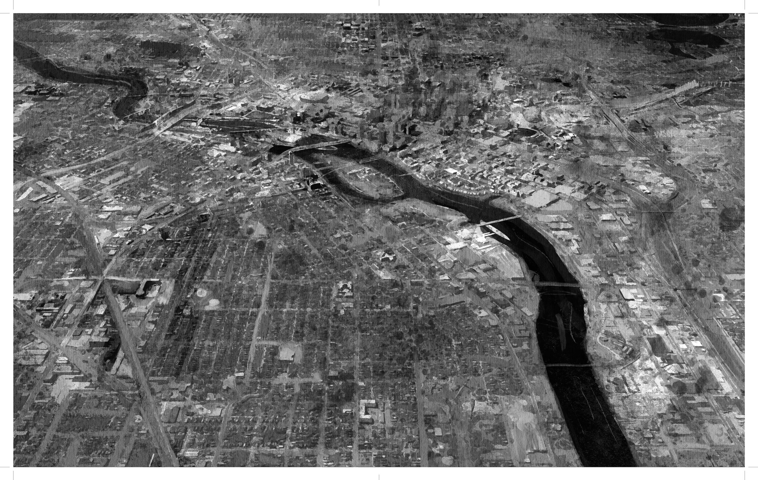 Alt Text: Endpaper cover interior spread. Repeat from beginning cover interior spread. Far off, satellite view of Minneapolis from north end of the city; the Mississippi River is visible, meandering from upper left corner of left page to lower right