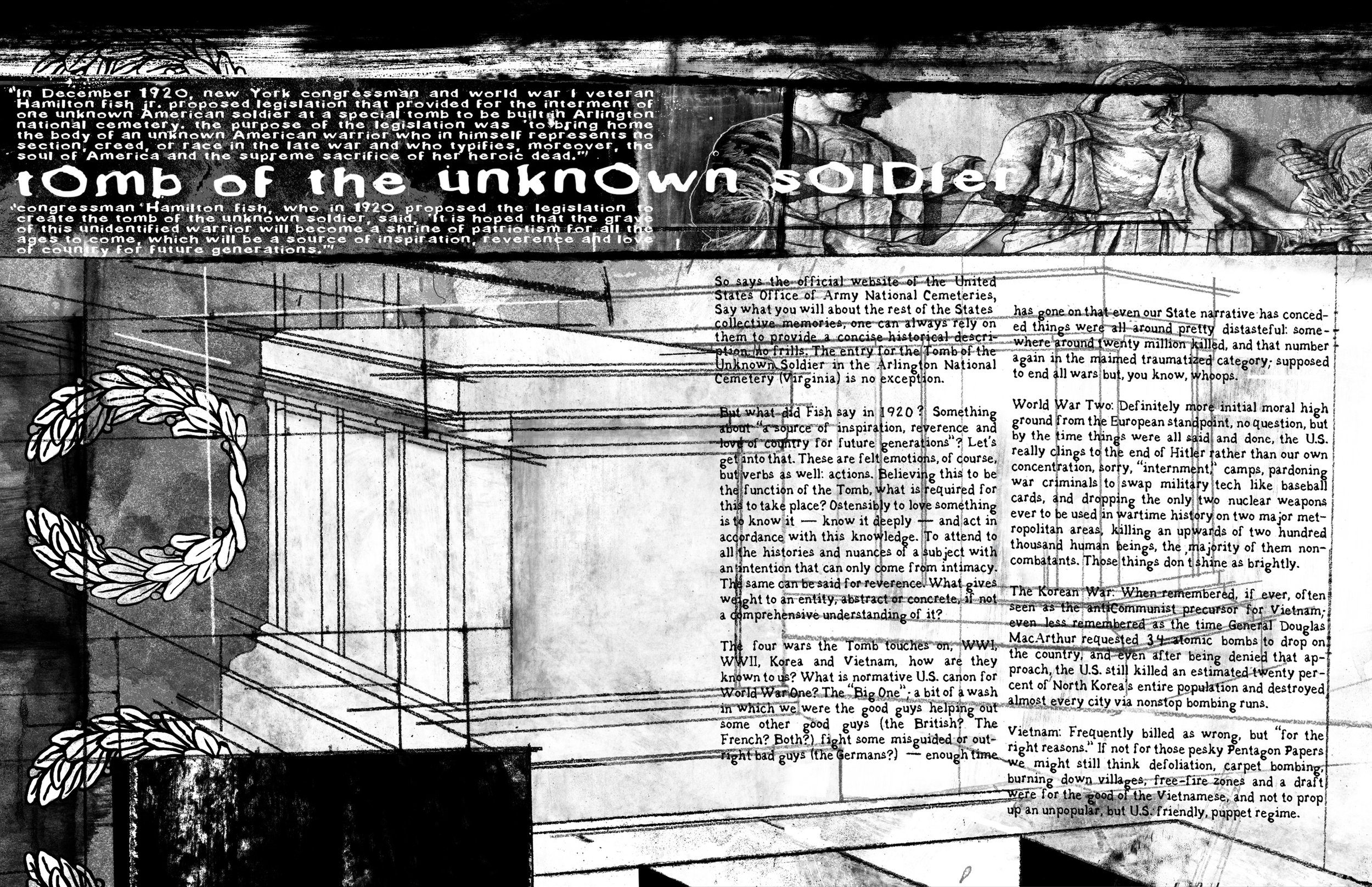 Alt Text: Majority of spread dominated by several technical drawings of Virginia's Tomb of the Unknown Soldier on scarred, stained paper. In upper right is a fragment of a distorted, graphite drawing of the three relief-carved figures on the tomb. On