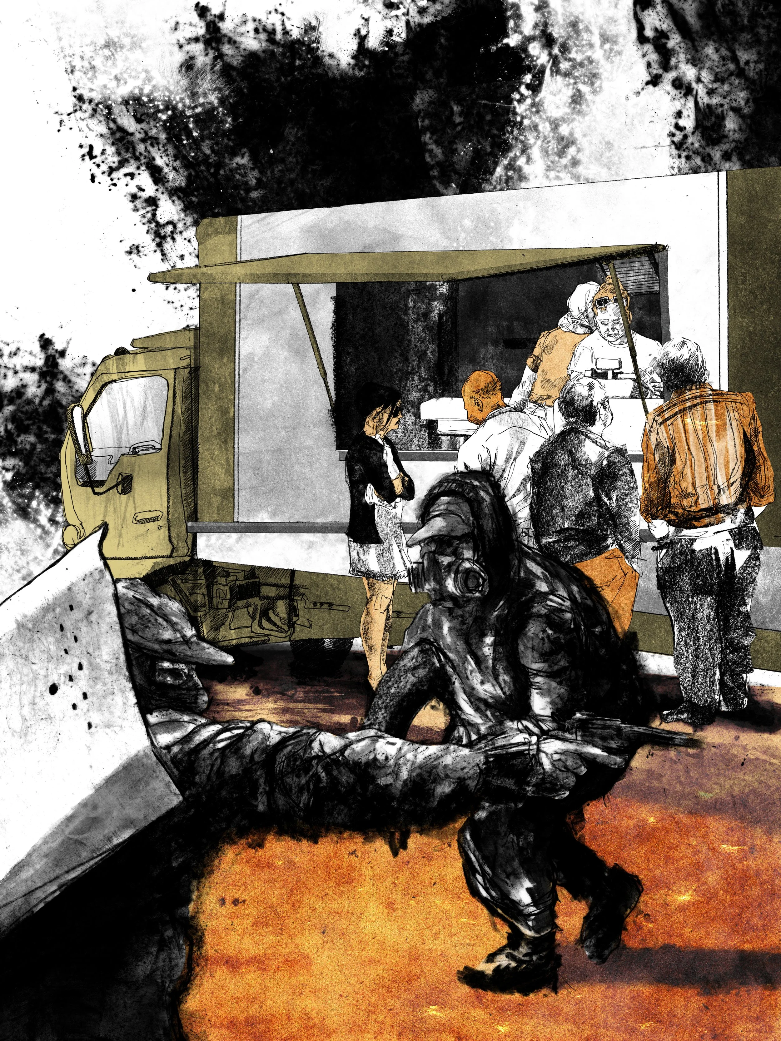 Alt Text: Ink and graphite drawing. A small group of people stand at a food truck. In the extreme foreground of the image, contrasted against the minimal, graphite line of the truck, two figures, painted in loose, splattered, black inks, depicted in 