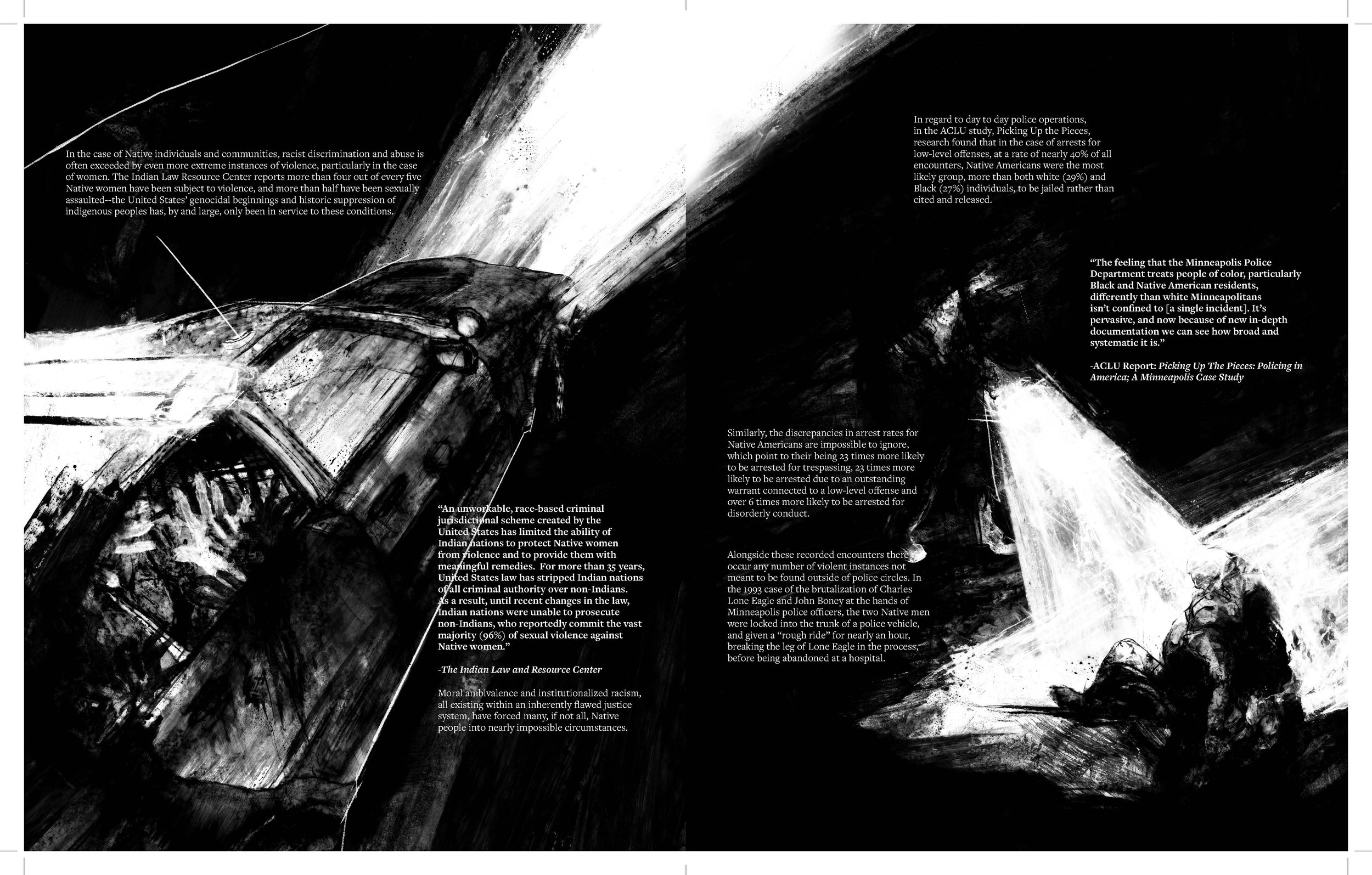 Alt Text: Left page; through an otherwise pitch-black space, a police cruiser's headlights and sirens illuminate white patches of space; just visible in the back seats are numerous hands, clutching at the window. Right page; another white light illum