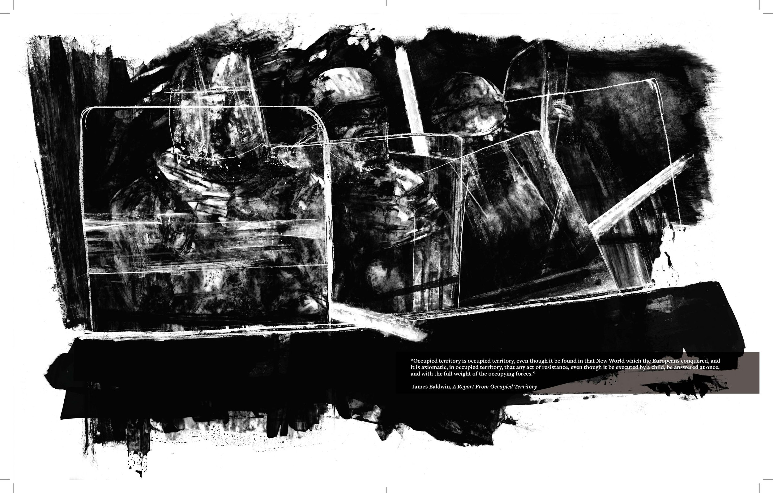Alt Text: Full page spread. On a black, painted background, a line of riot police emerge from the darkness, batons and shields raised in threatening postures. Just visible beneath their faceplates are bellowing, shouting faces and rows of teeth, maki