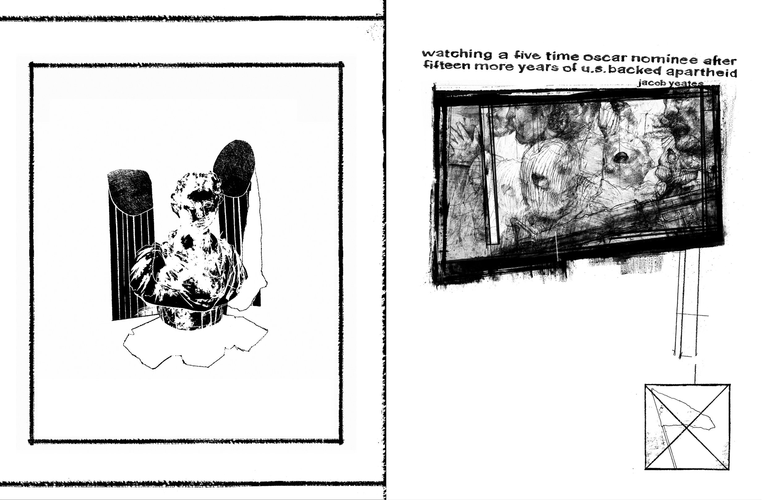Alt Text: Section one title spread. Left page shows a crudely drawn facsimile of a Roman bust between two broken pillars. Right page, below handwritten title, a crudely-drawn frame containing of a mob of ski mask-clad, shouting men pushing through a