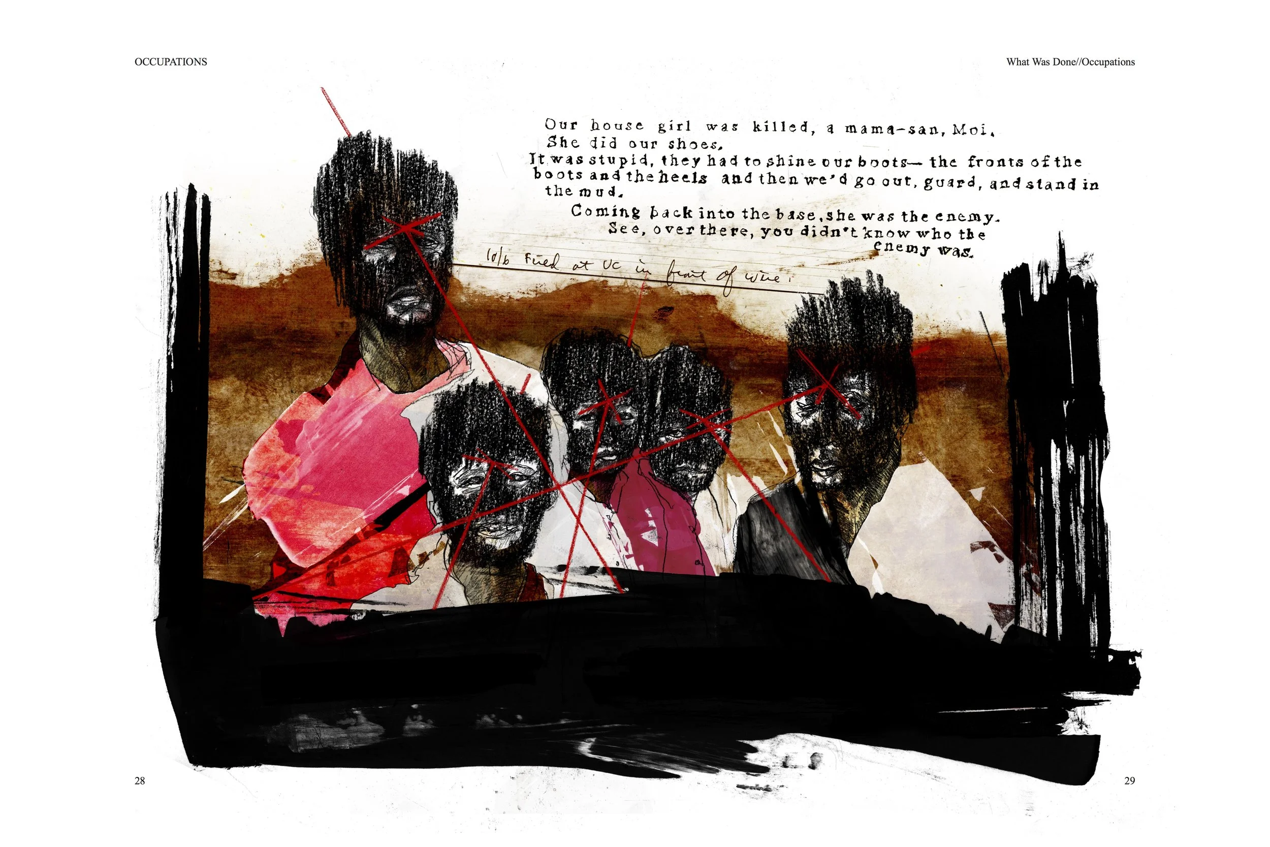 Alt Text: Full page spread. Surrounded thick, black brushstrokes and situated in front of a scratched background of brown and red paint is a drawing of a Vietnamese family of two adults, two children, and an elder relative. Scribbled over their faces