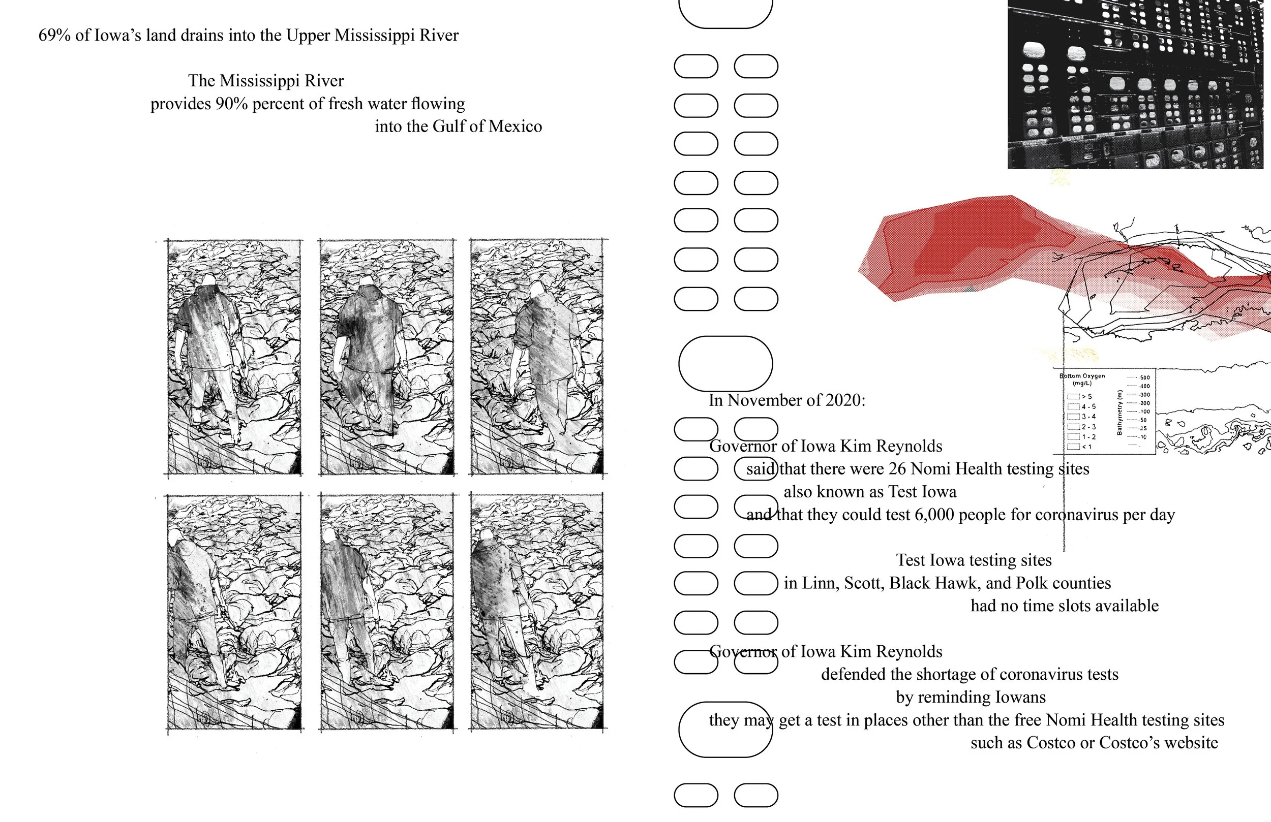 Alt Text: Left page, in center of page is grid with two rows of three images in sequence, depicting drawing of same figure in carcass room from prior spread, walking slowly through carcasses. Right page, stretching off of right edge of page is partia