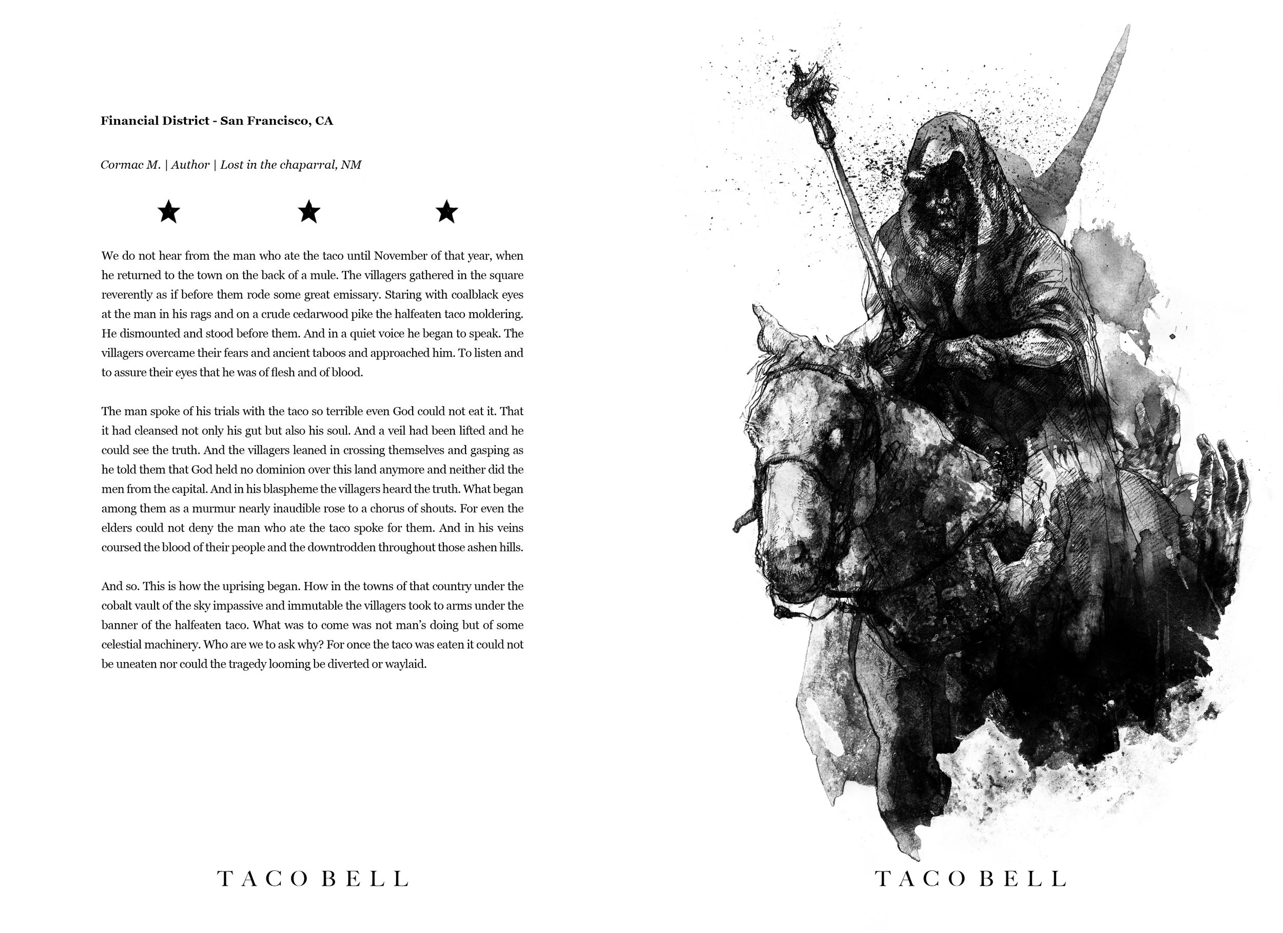 Alt Text: Ink and graphite, full page drawing of a robed, hunched figure on horseback. The figure's face is largely obscured by a hood, and in its hand is a spear, a taco stuck on its tip. Flies buzz around the taco and figure, and numerous hands fro