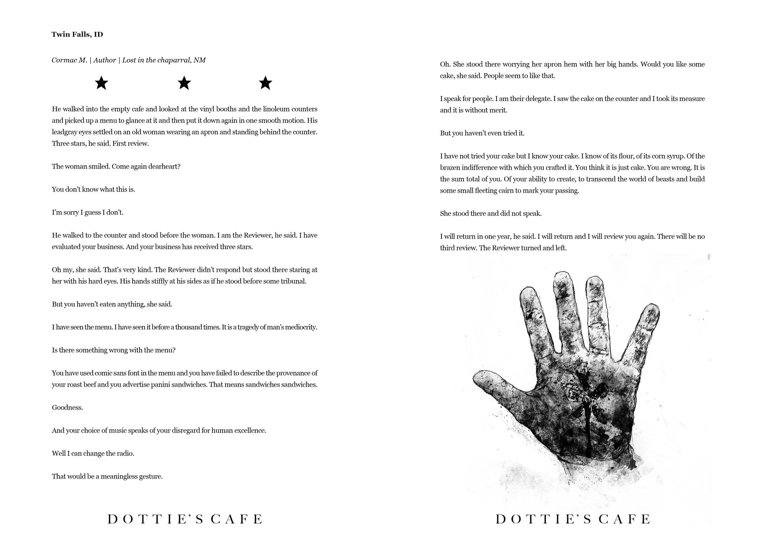 Alt Text: Ink and graphite, half page drawing of a filthy, bloody hand, fingers outstretched and palm facing outward. Visible on the palm, carved or branded into the skin, is the Yelp logo.