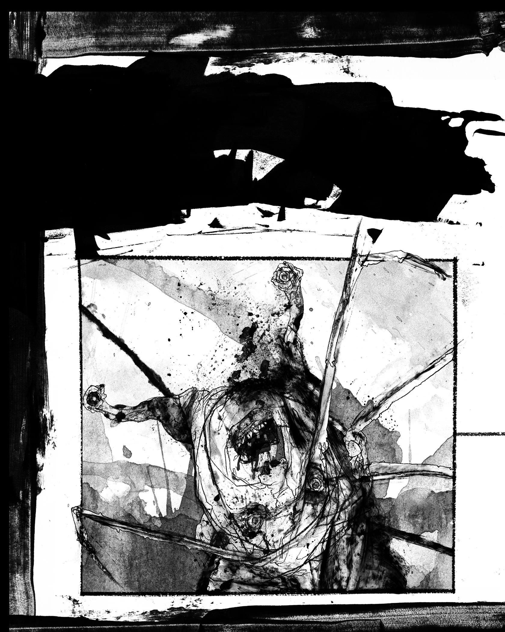 Alt Text: Back cover. Surrounded by loosely brushed, black paint border, is frame roughly size of bottom two thirds of page. Inside frame is the same screaming, multi-legged head described on third page of Alt Text descriptions.