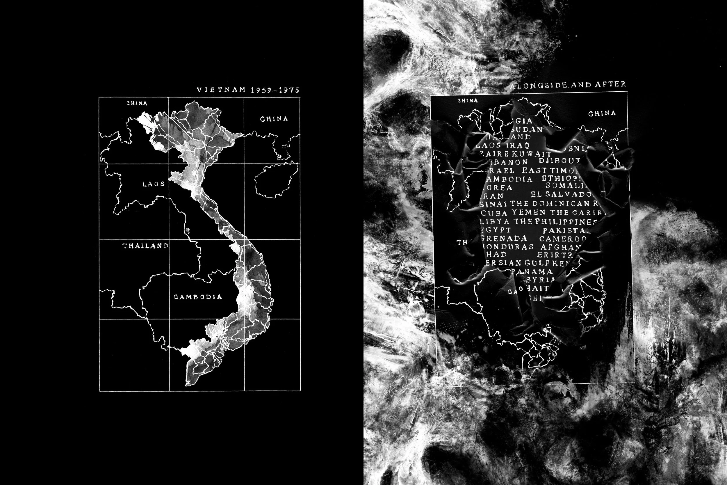 Alt Text: Left page; on black background, in white ink, a frame depicts a hand-drawn map of Vietnam, and partial views of China, Laos, Thailand, and Cambodia. Vietnam interior is painted in ink washes. Right page; in same location this map is torn ap
