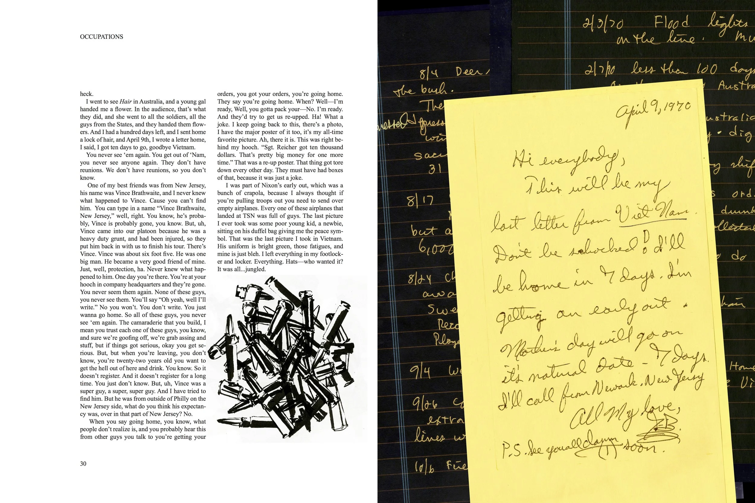 Alt Text: Left page, embedded in text is ink drawing of dozens of spent bullet cartridges. Right page, two collaged pieces of correspondence from interviewee John Varone, the most visible a letter, dated April 9, 1970, detailing his impending return 
