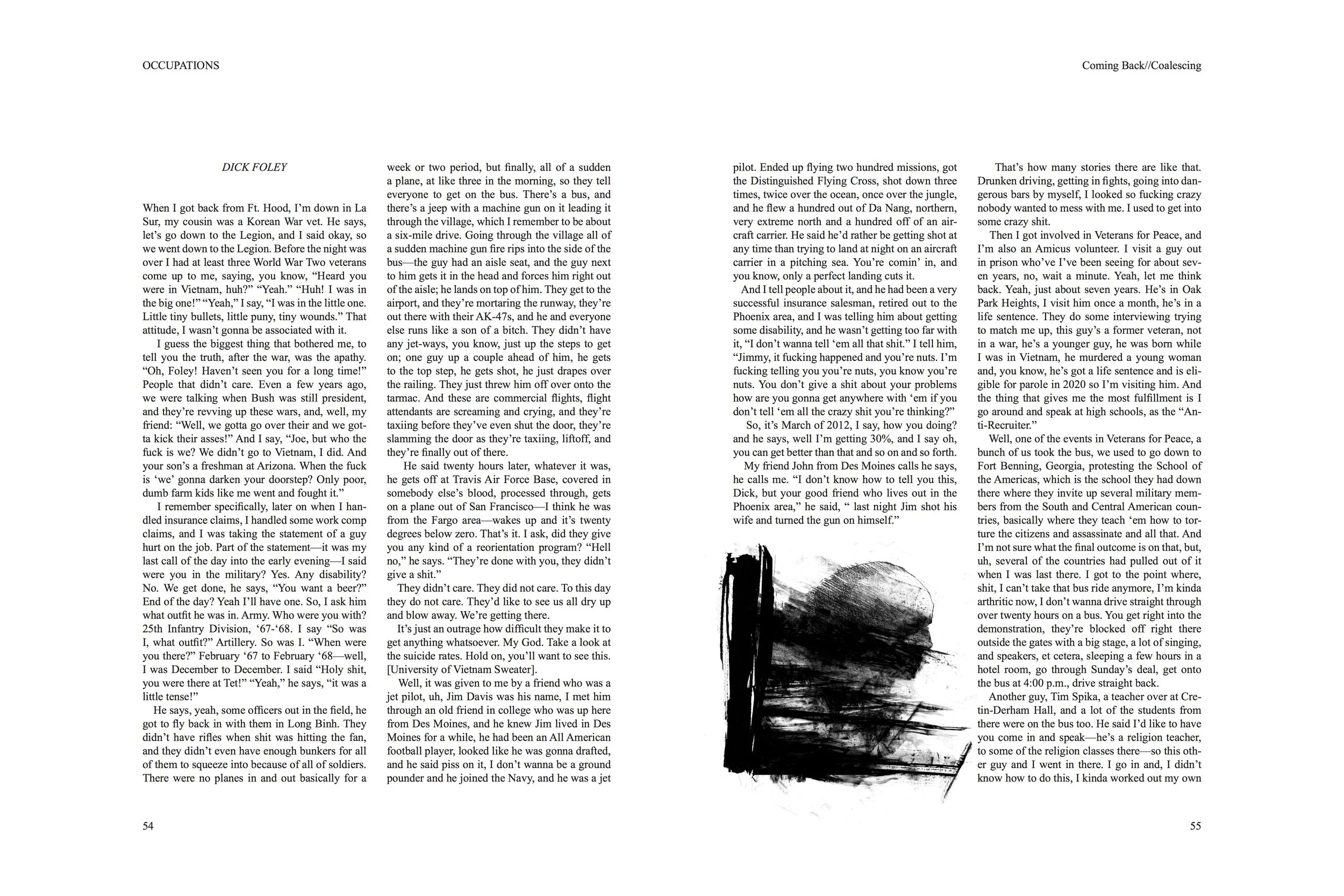 Alt Text: Left page, all text, no images. Right page, small, black ink spot illustration embedded in text, depicting profile view of figure's head, drawn sketchily, evoking a sense of unease. By nature of the black ink and paint, the mouth of the fig