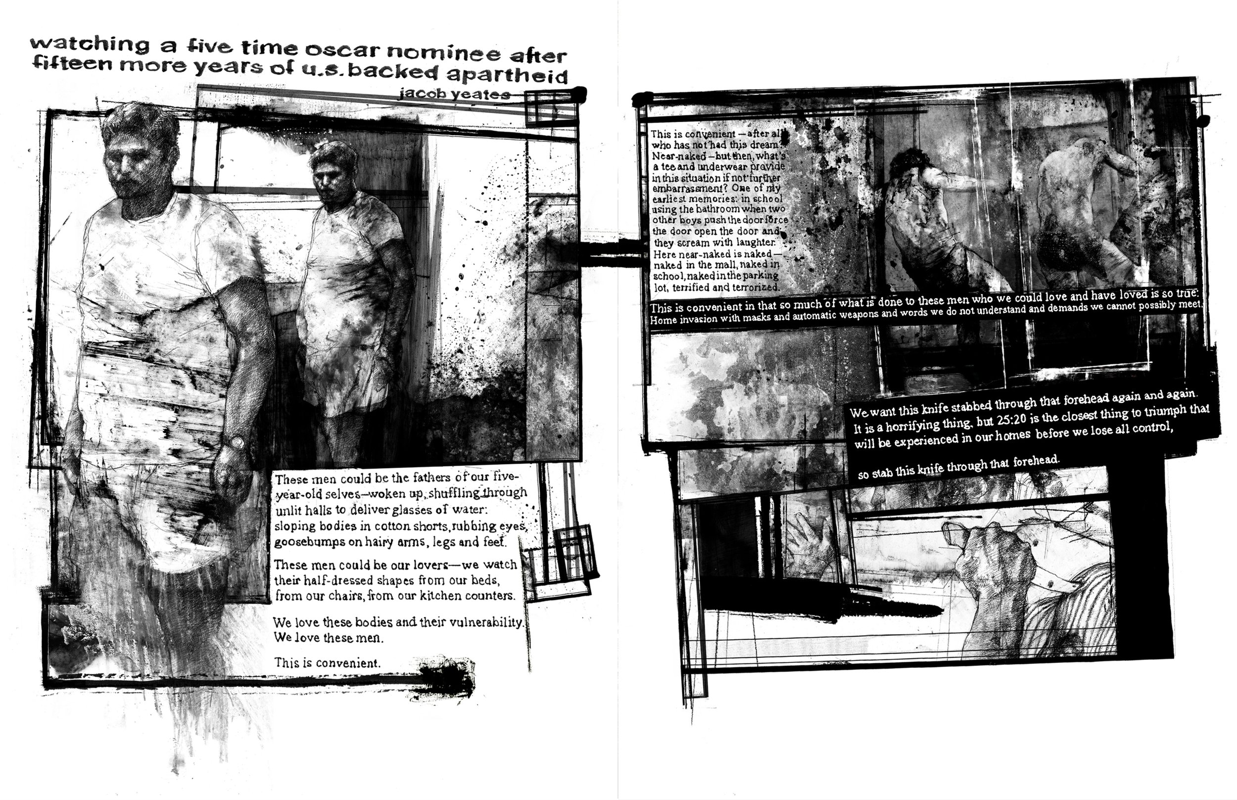 Alt Text: On left, two variations of ink and graphite drawings of a man in a tee shirt and boxers standing in a doorway, looking off to some noise. On right, the backs of two fleeing, hunched figures frozen in midstride in a hallway. Bullet holes and
