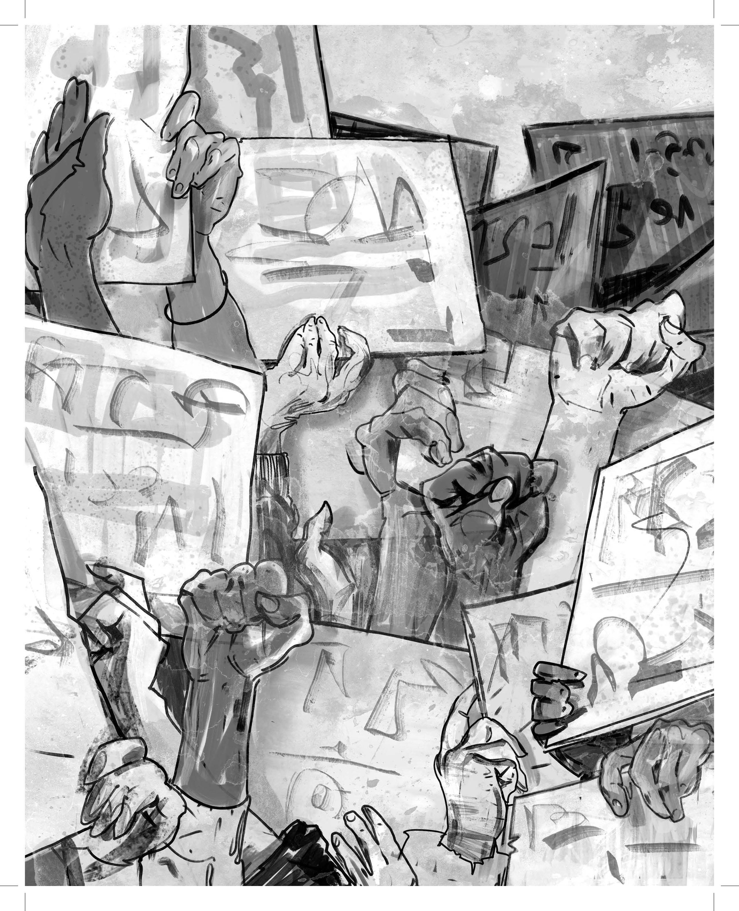 Alt Text: Back cover. Another view of cover image with a crowd holding signs and upraised hands and fists with a variety of skin tones.
