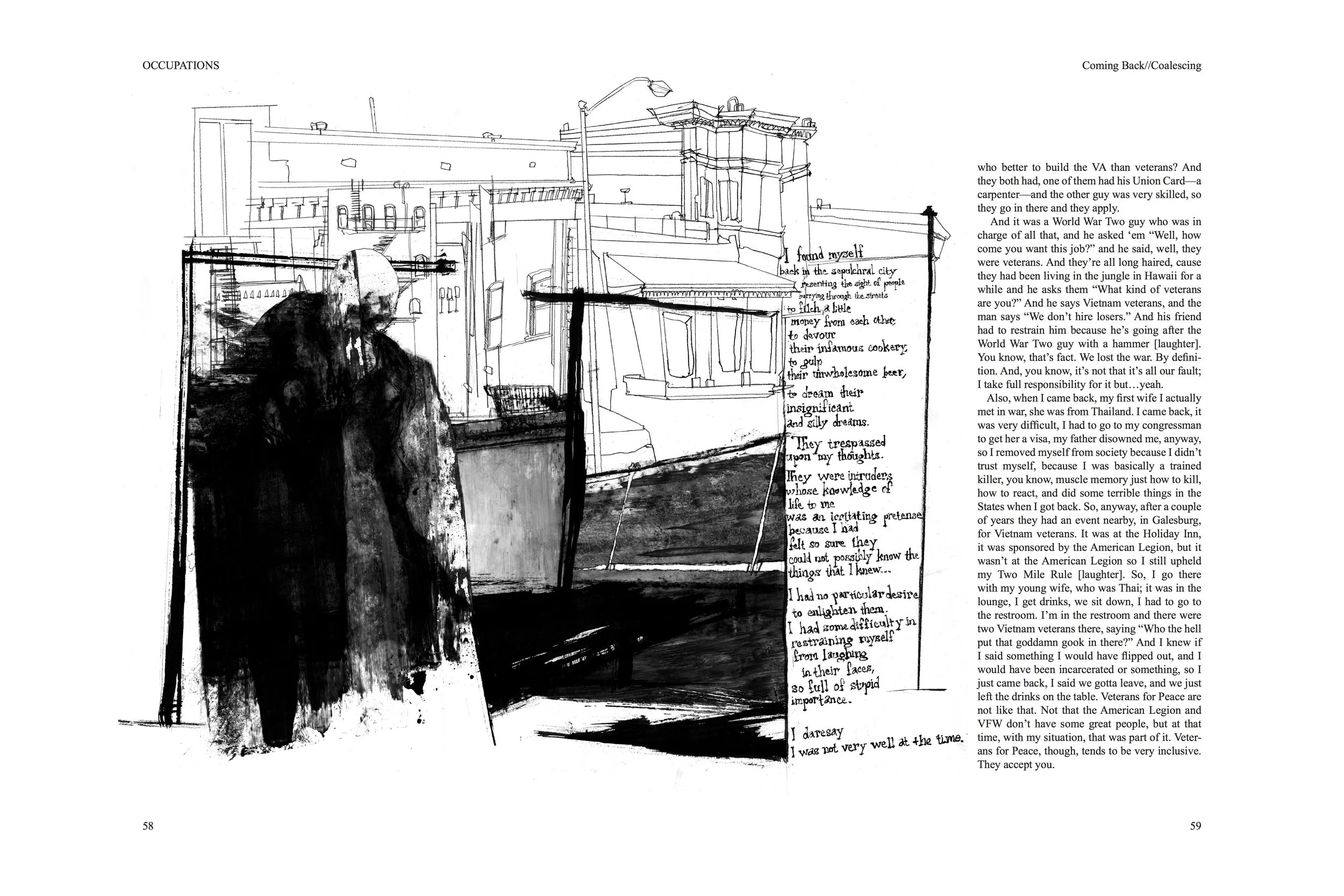 Alt Text: Full page spread. Next to single column of text on right page, a drawn image dominates composition. In foreground a figure in a coat, painted in heavy, black ink, looks downwards. Behind the figure is a jumbled cityscape drawn in thin penci