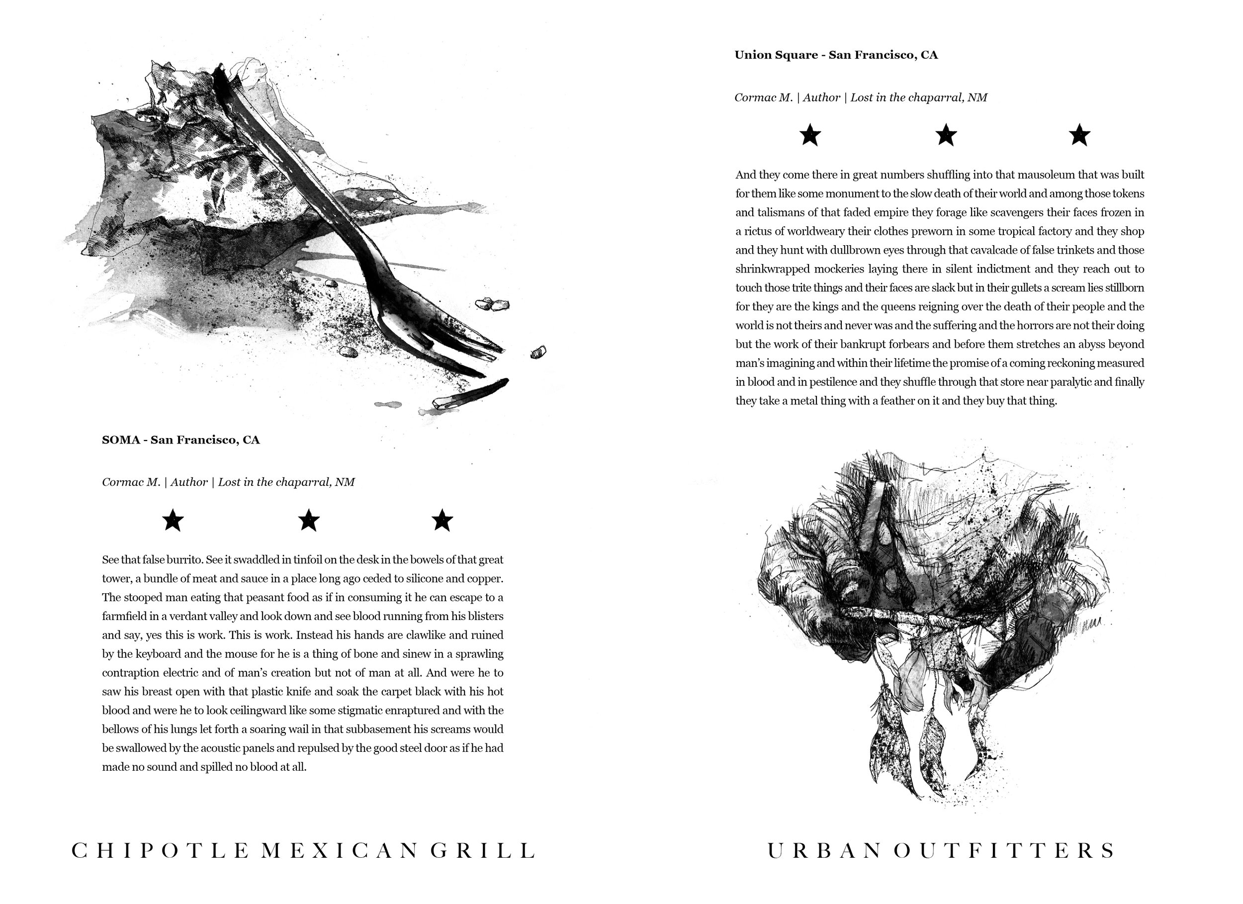 Alt Text: Ink and graphite, two half page drawings. Drawing on left shows close-up view of a black plastic fork, resting against a stained, crumpled napkin, one of its tines broken off, surrounded by flecks of old rice. Image on right shows two dark,