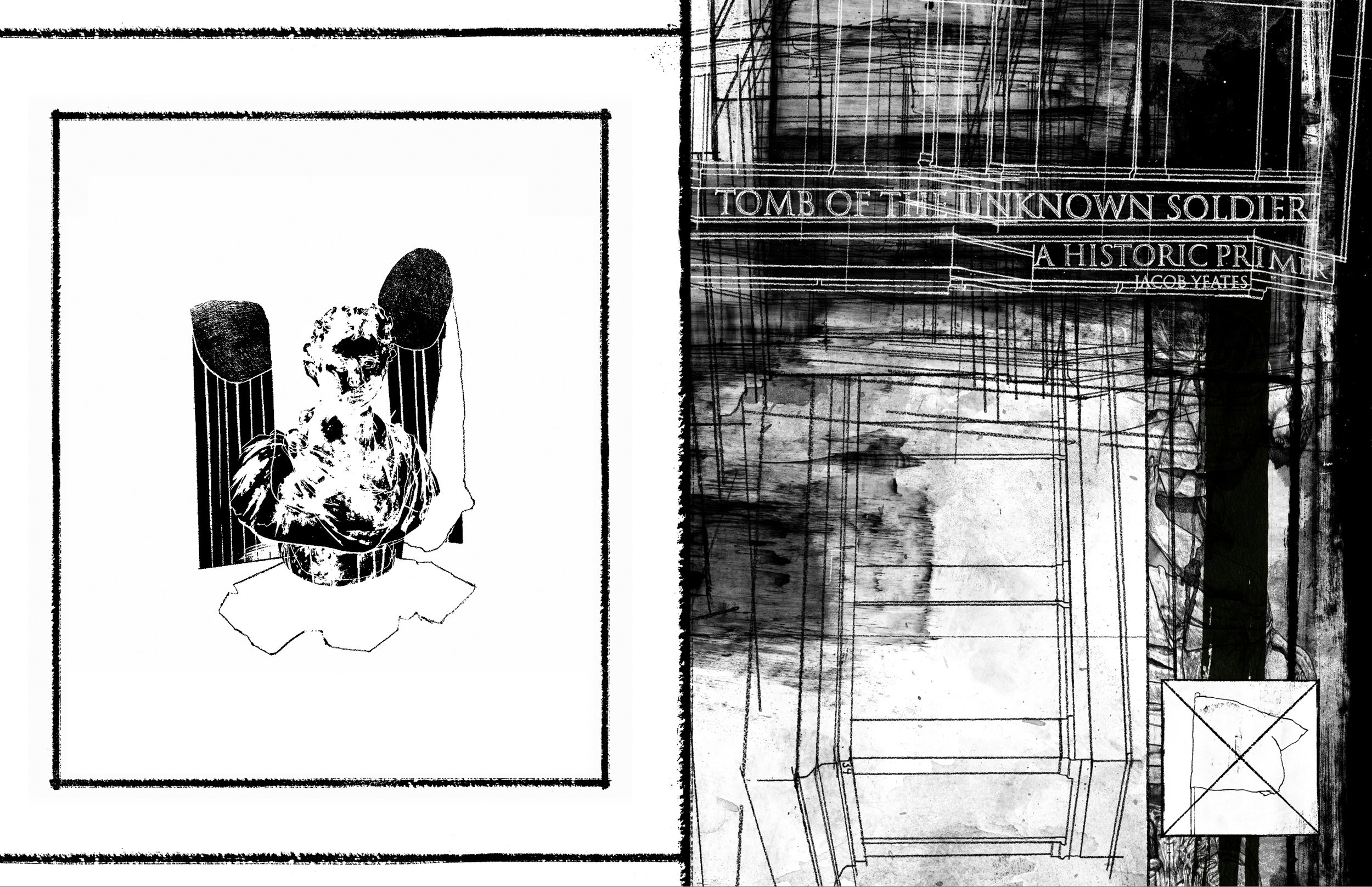 Alt Text: Section two title spread. Left page shows a crudely drawn facsimile of a Roman bust between two broken pillars. Right page, a technical drawing of a sarcophagus, oriented vertically rather than horizontally, is marred by black paint streaks