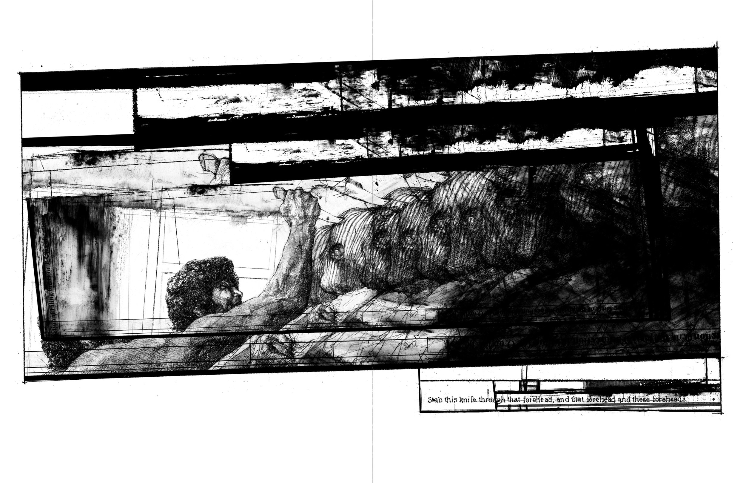 Alt Text: A single, wide frame depicts an ink and graphite drawing of a screaming man in profile, stabbing a kitchen knife into the forehead of a figure in a ski mask held against a wall. To the right of that figure is a long line of that same, maske