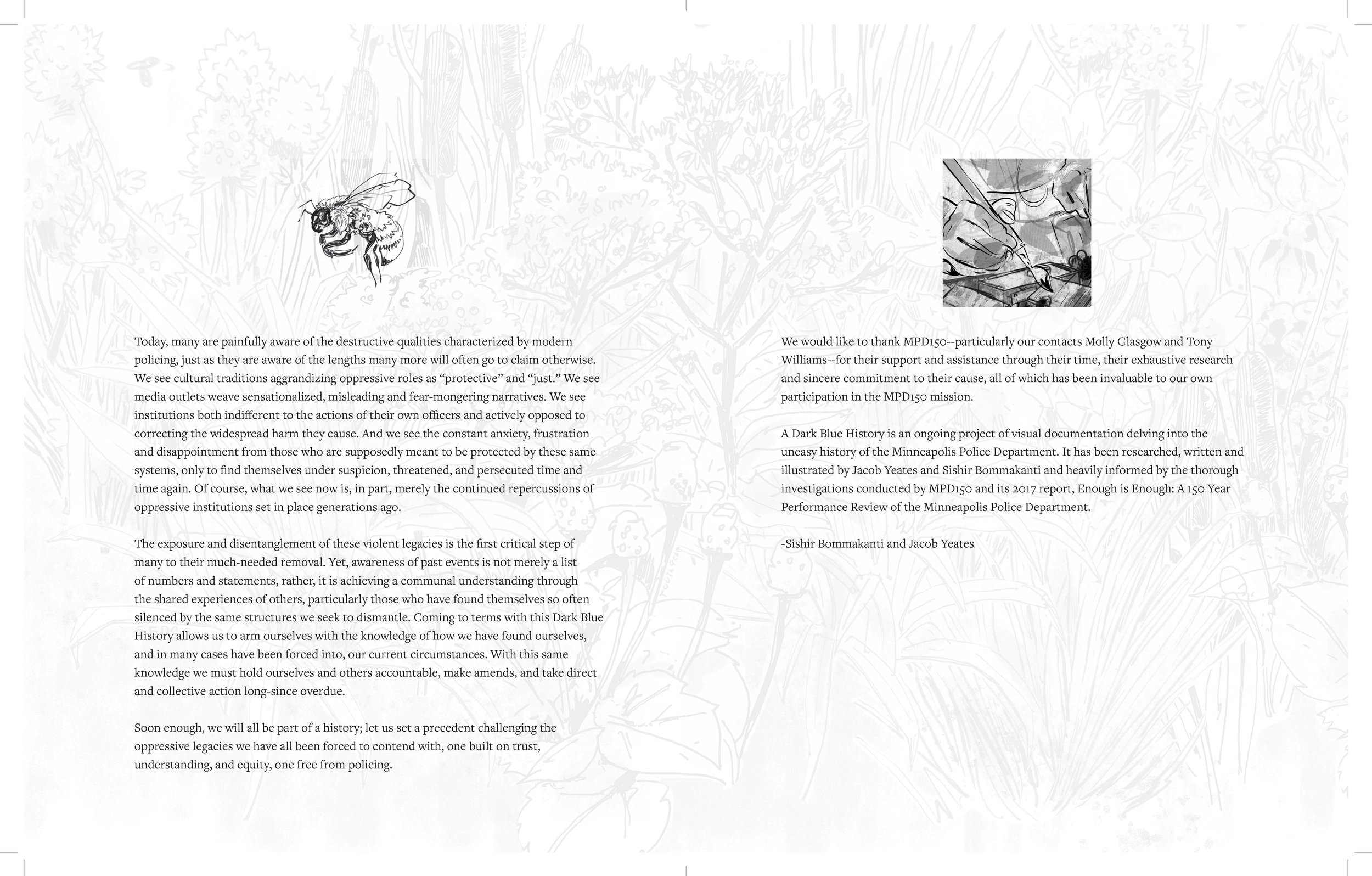 Alt Text: Epilogue text and artist/author information overlaid faintly visible images of plant wildlife native to Minnesota. An ink drawing of a honeybee is above the text on left page. A small of the community image two pages prior is above text on