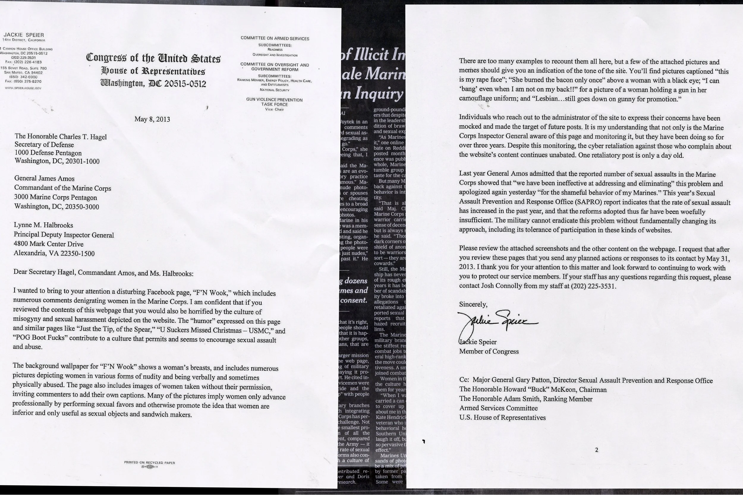 Alt Text: Full page spread. Left and right pages show scanned correspondence dated 2013 from Congressional Member Jackie Speier to the Secretary of Defense detailing ongoing examples of sexual harassment, abuse, assault, and misogynistic social media
